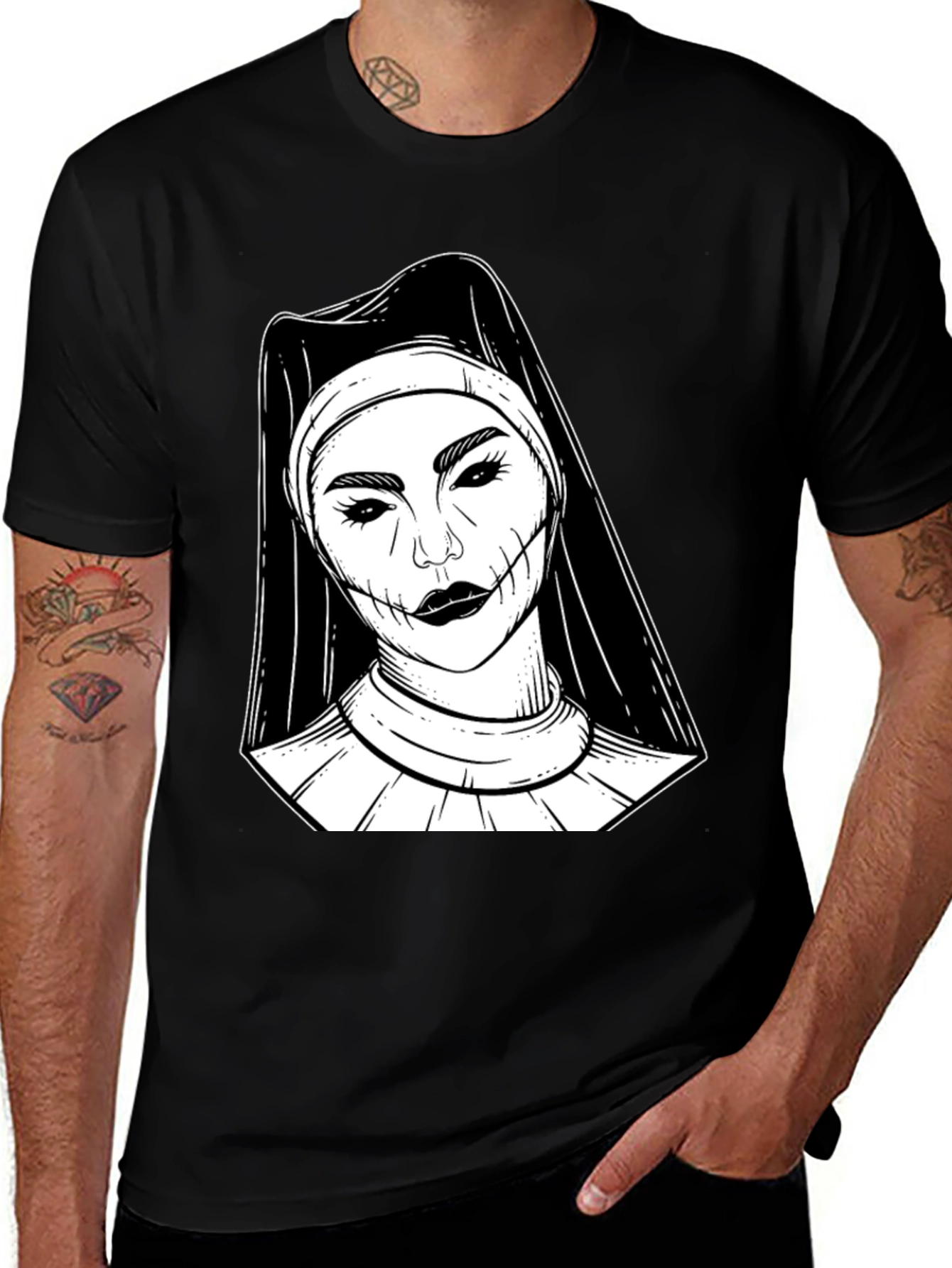 Variant 29 of Creepy Nun Graphic Tee - Black Cotton Blend Shirt