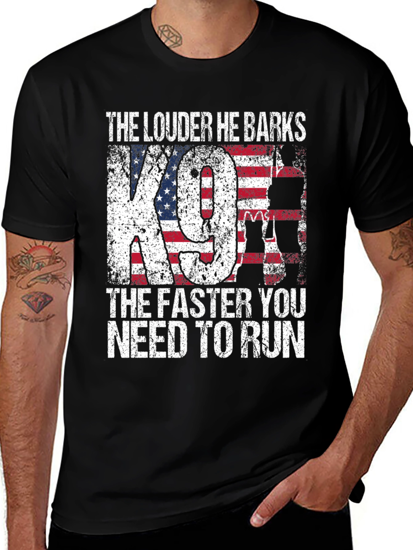 K9 American Flag T-Shirt - The Louder He Barks, Run!