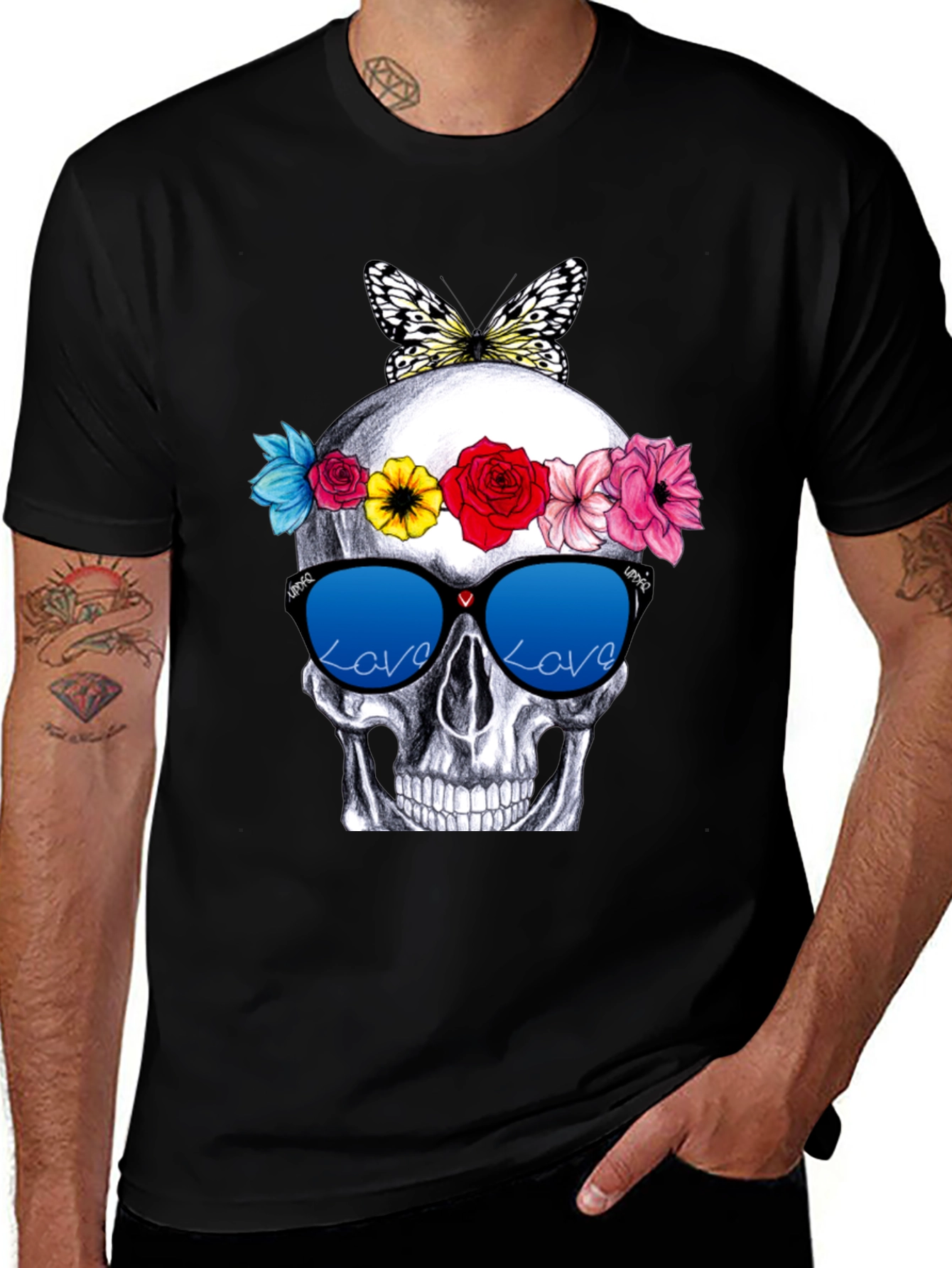 Variant 21 of Skull with Flowers & Butterfly T-Shirt