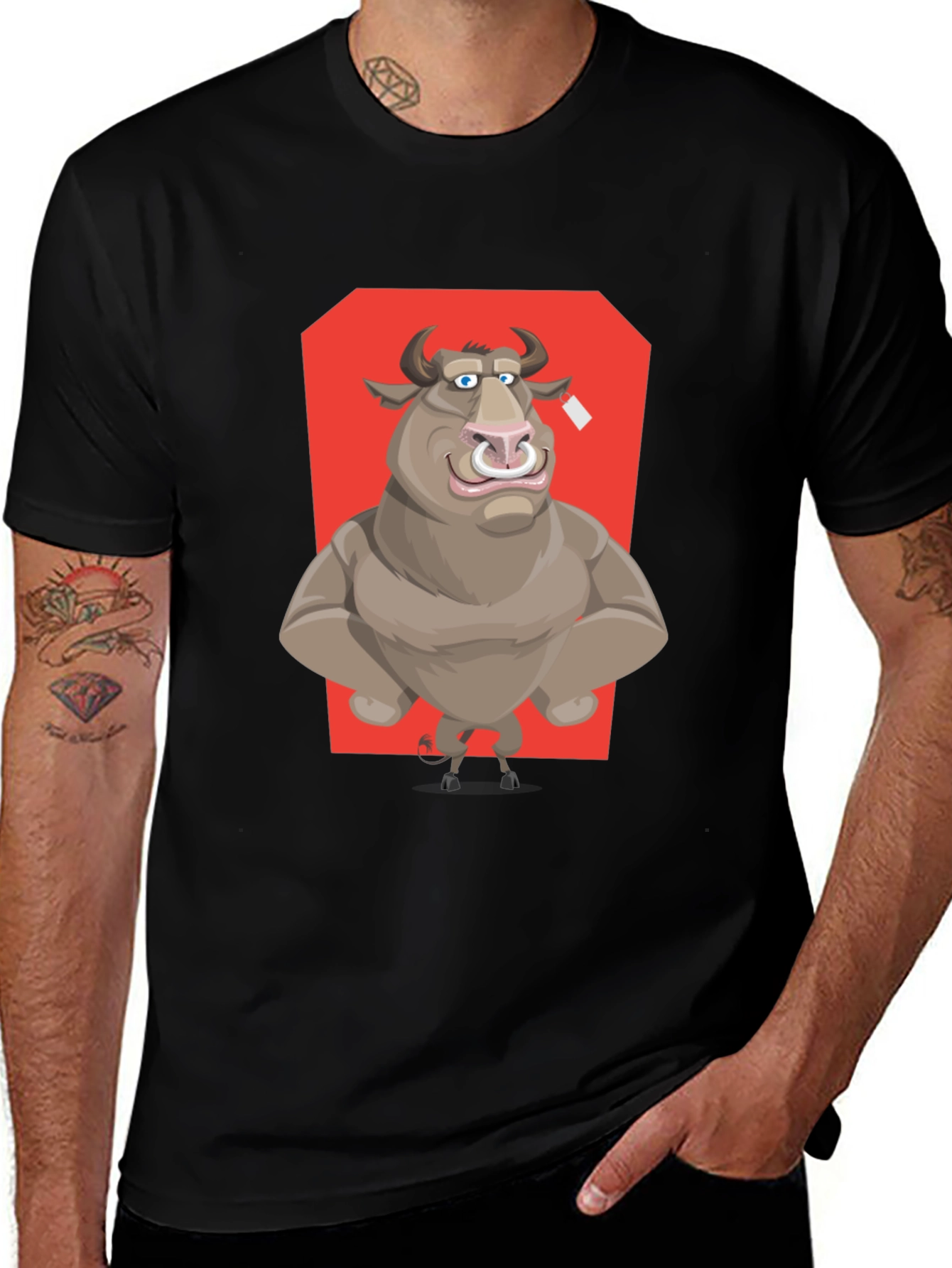 Variant 20 of Bull Cartoon Graphic T-Shirt - Black Crew Neck Tee