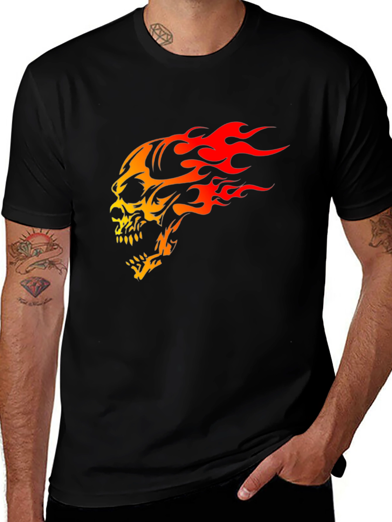 Variant 17 of Flaming Skull Graphic Print Black T-Shirt