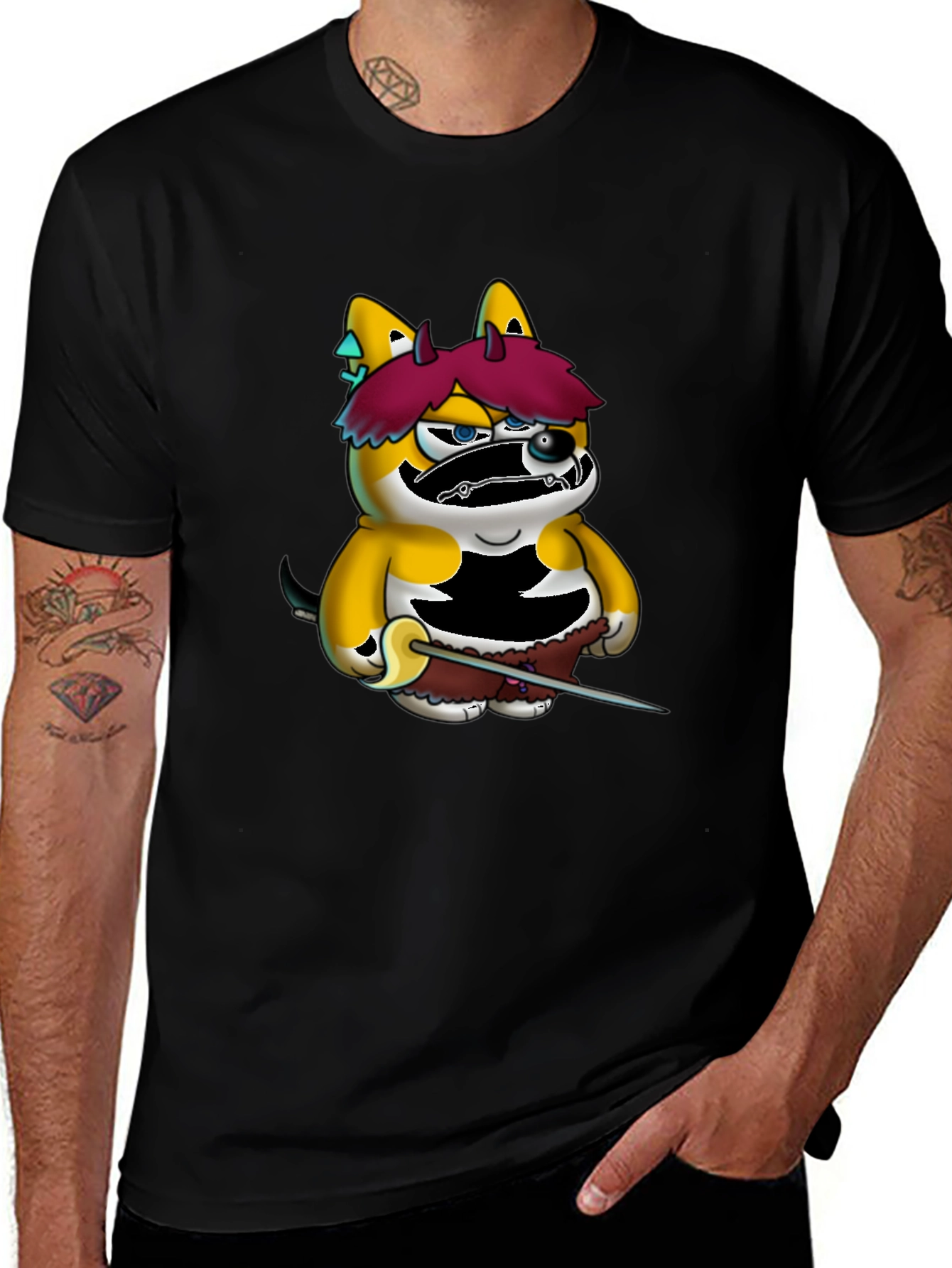 Variant 3 of Cartoon Shiba Inu Samurai Black Tee