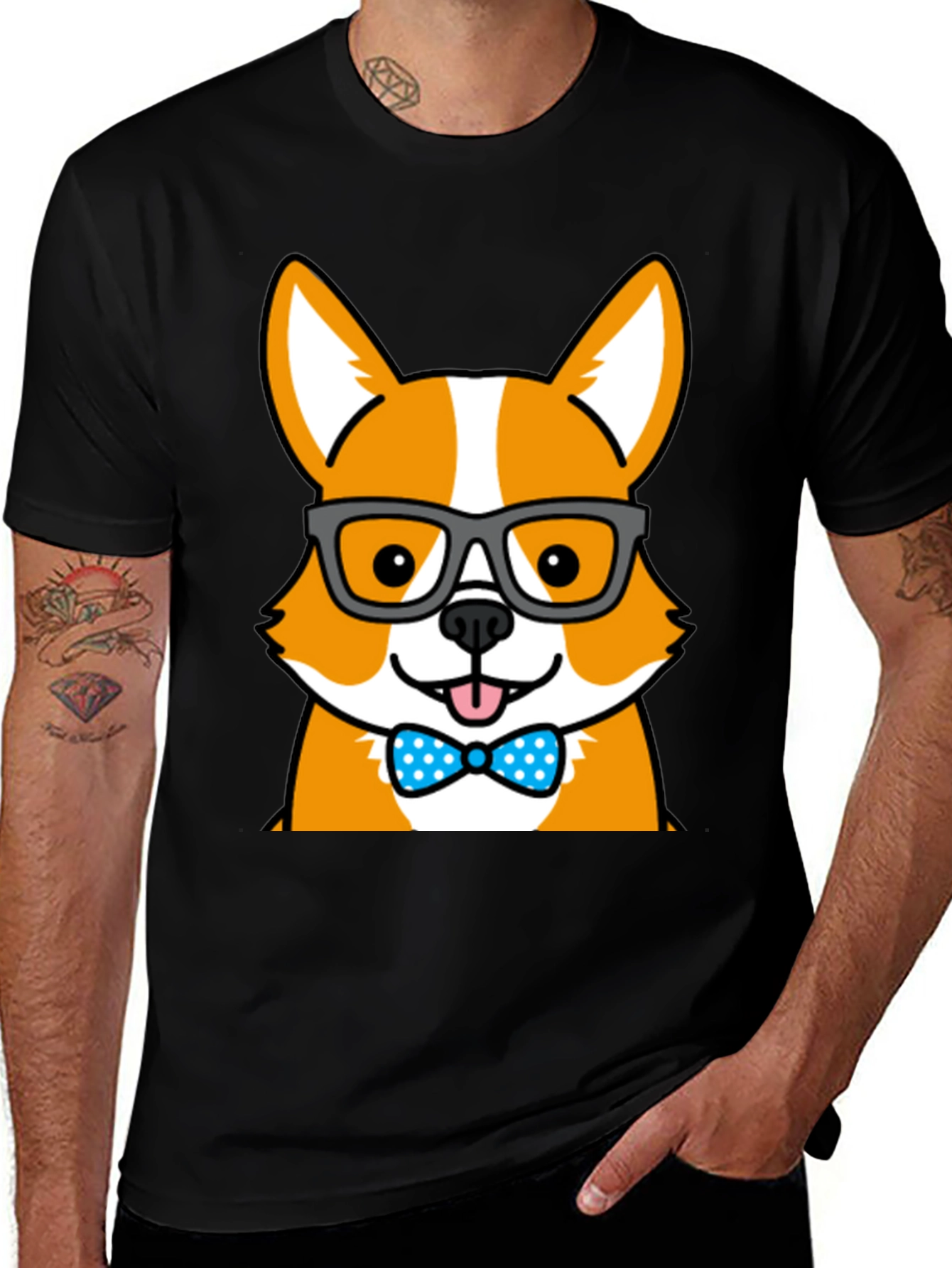 Funny Corgi Dog T-Shirt with Bow Tie & Glasses - Black