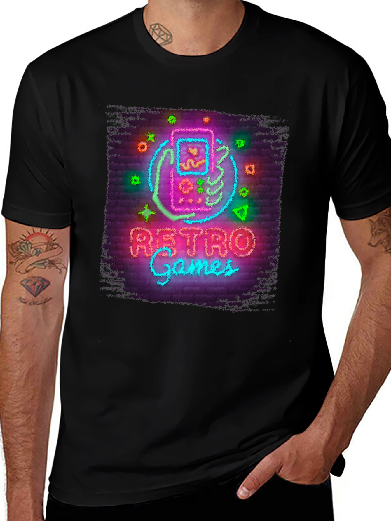Variant 8 of Retro Games Neon Style Graphic Tee - Black Cotton T-Shirt