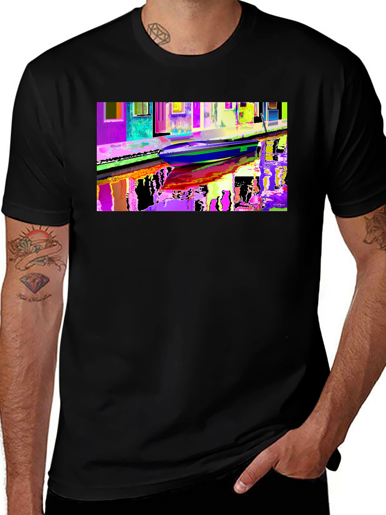 Variant 14 of Colorful Venice Scene Graphic Black T-Shirt