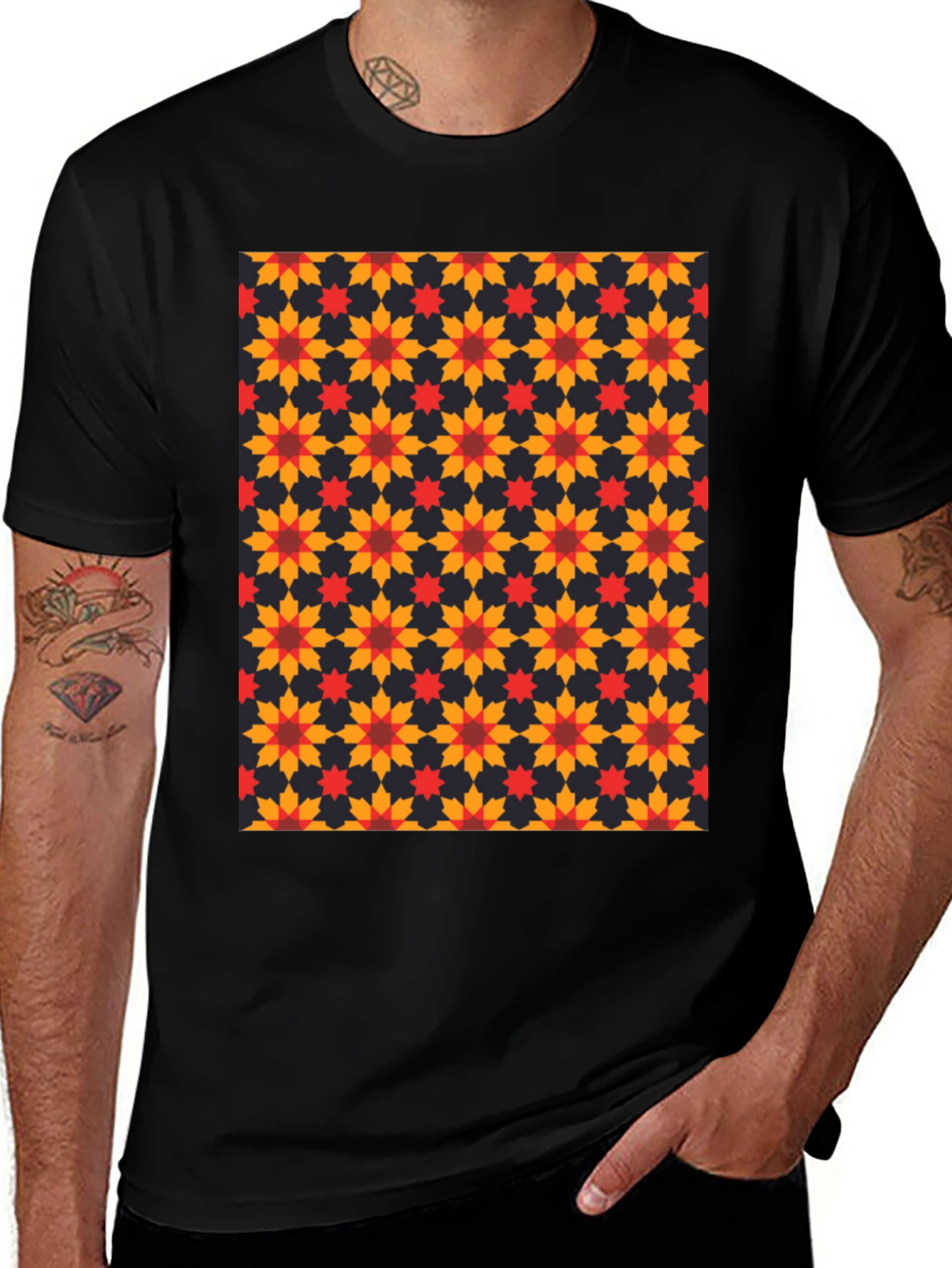 Variant 9 of Geometric Floral Pattern Black T-Shirt