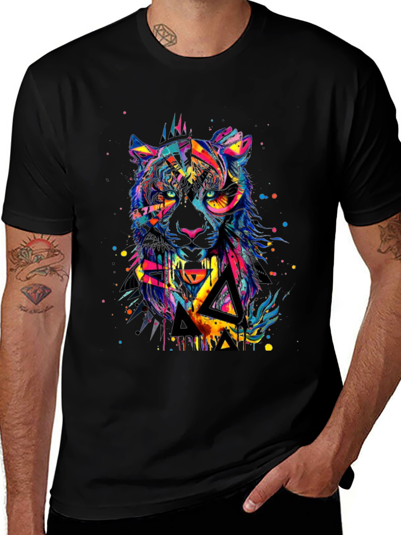 Colorful Tiger Graphic Print Black T-Shirt