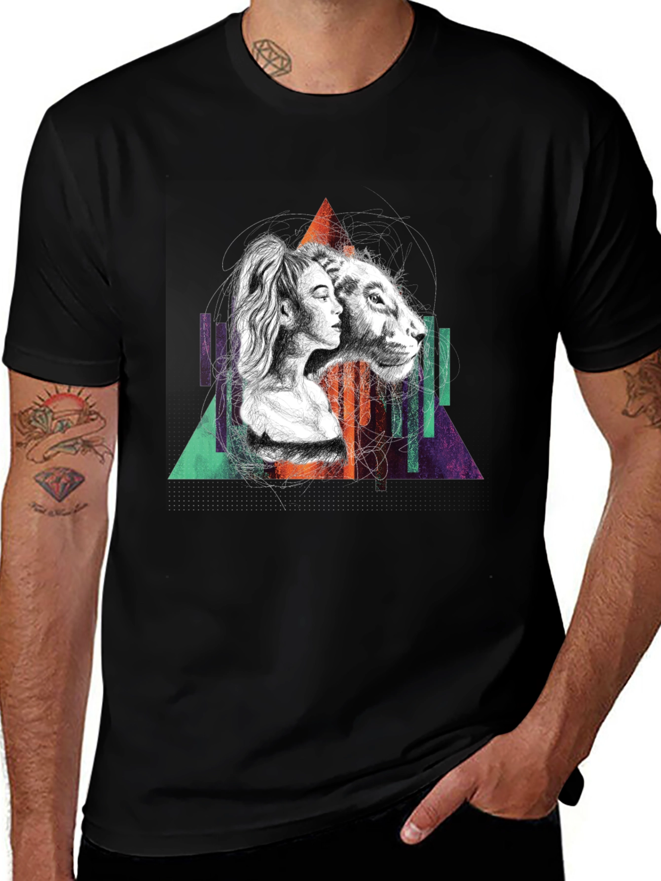 Variant 26 of Lion & Woman Graphic Print Black T-Shirt