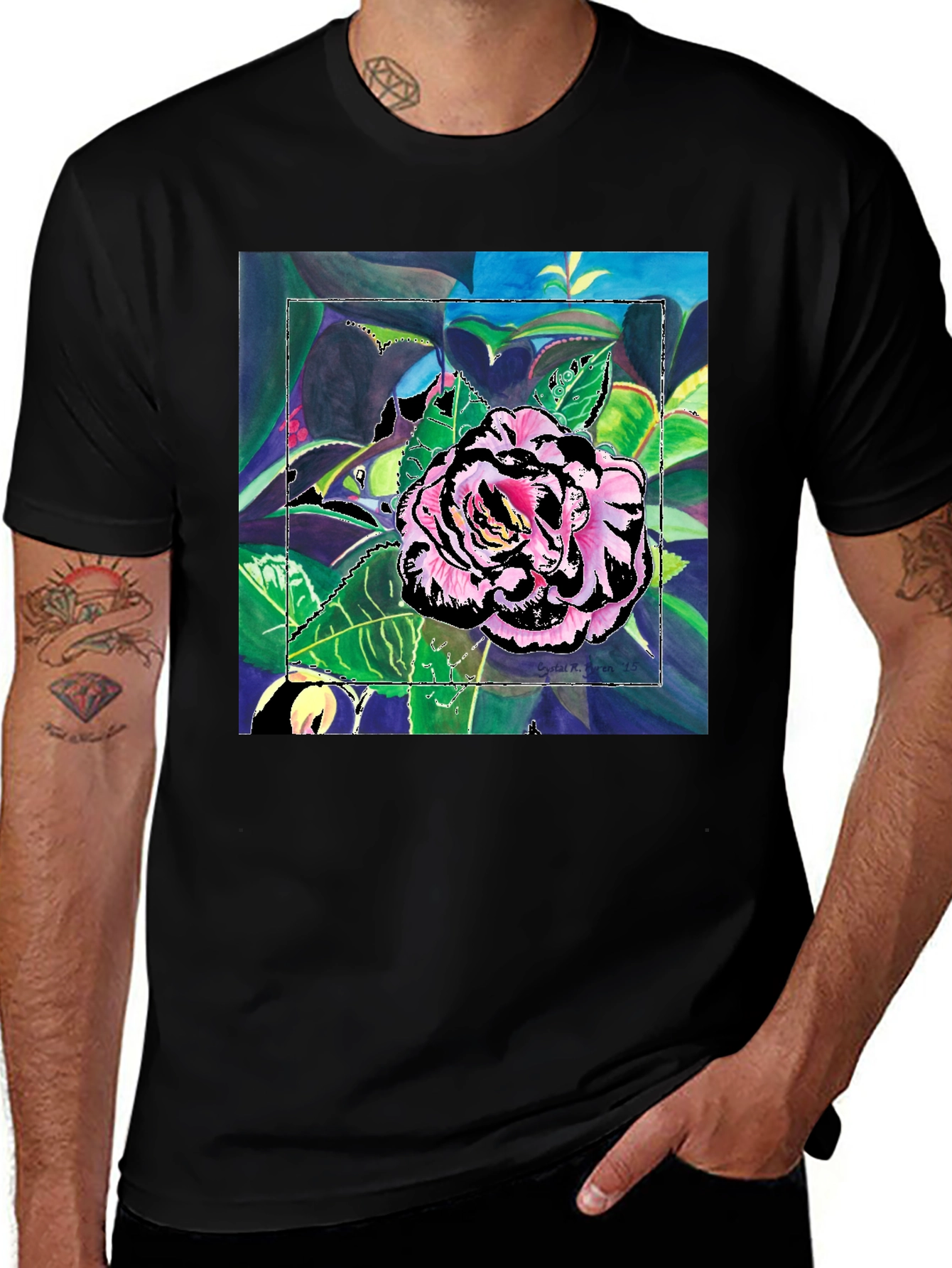 Variant 18 of Floral Art Print Black T-Shirt