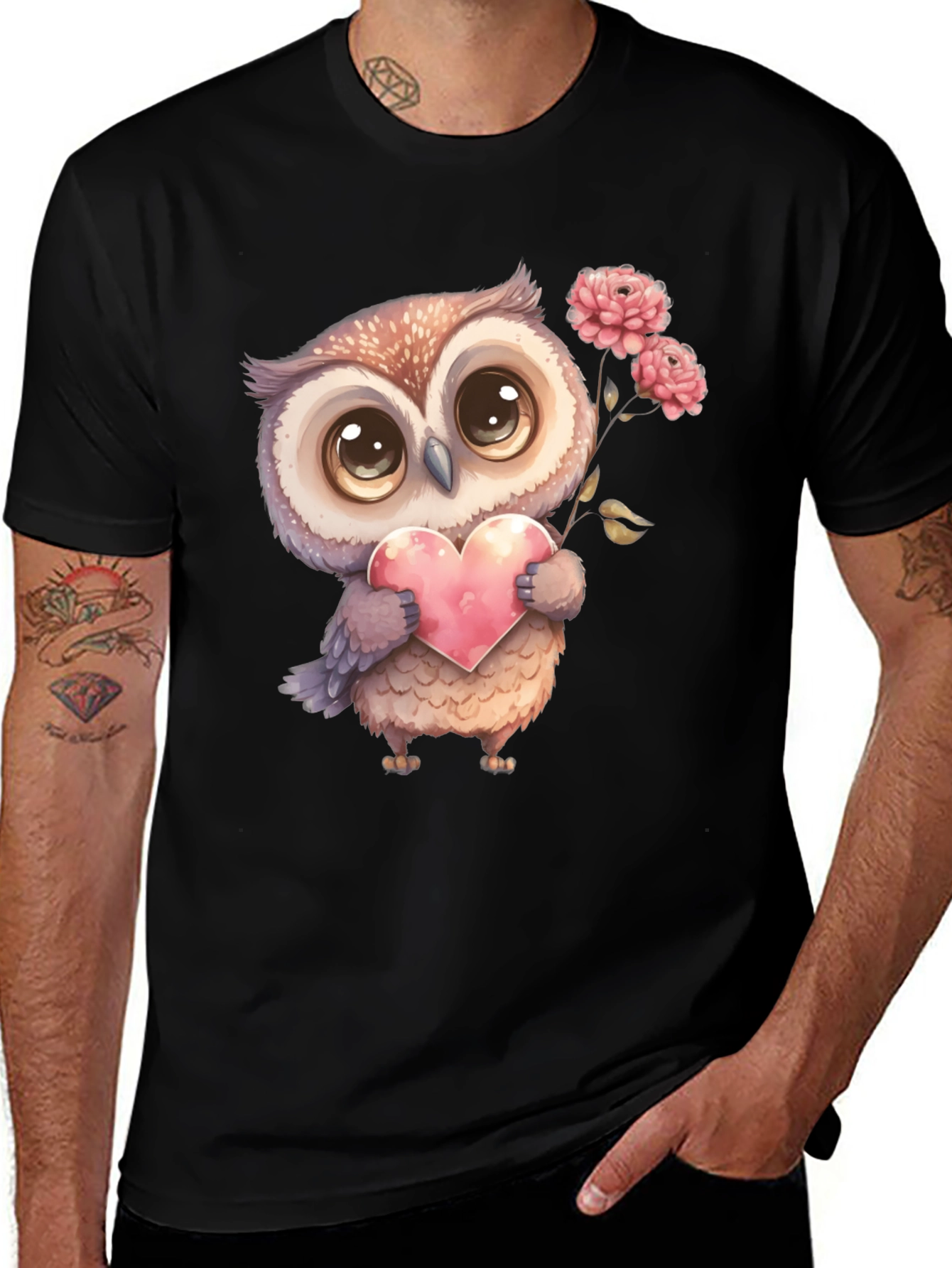 Cute Owl with Heart Graphic Tee - Black