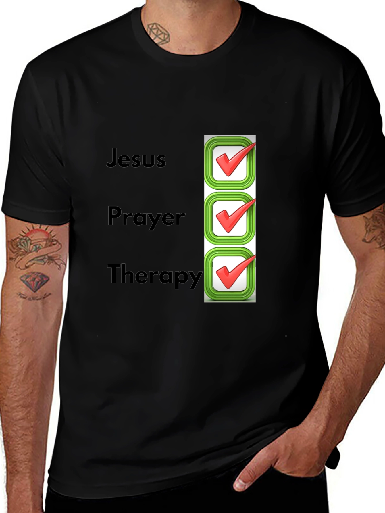 Variant 11 of Jesus, Prayer, Therapy Checked Box Black T-Shirt