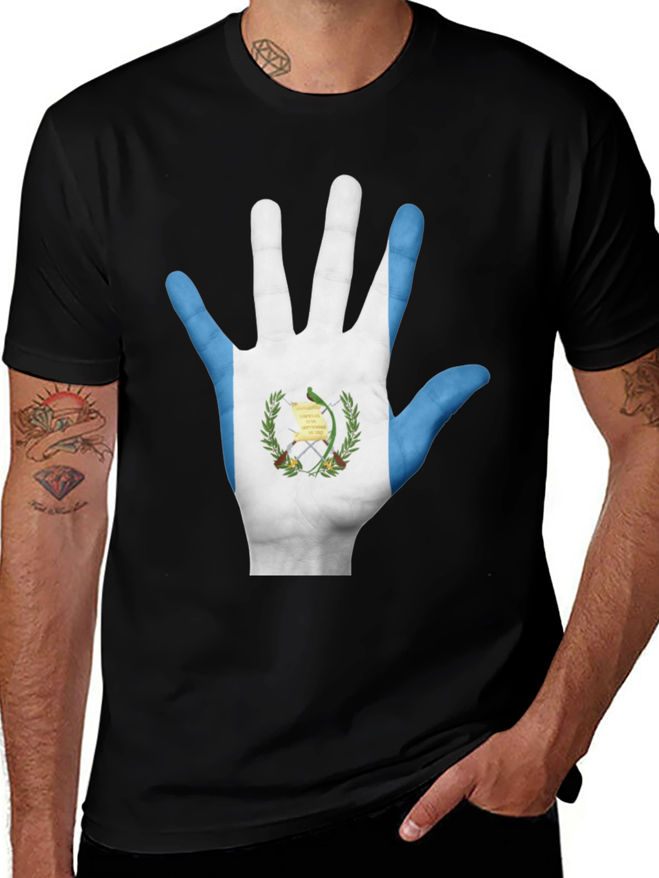 Guatemala Flag Hand Print Black T-Shirt