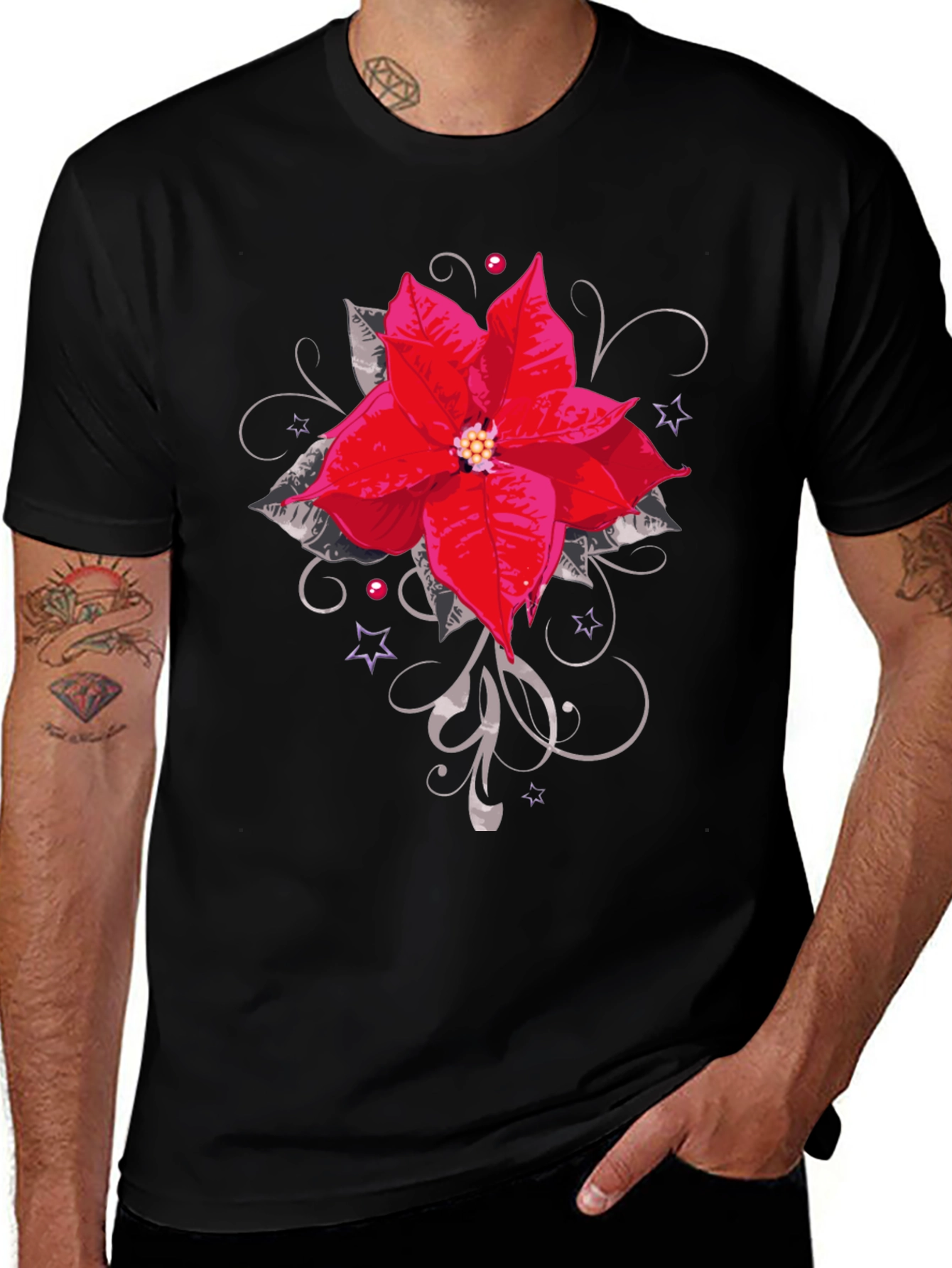 Variant 16 of Floral Poinsettia Graphic T-Shirt - Black