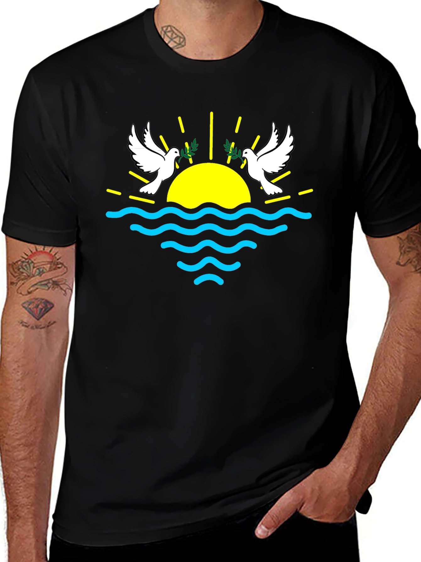 Variant 27 of Peaceful Sunset Graphic Tee - Dove and Olive Branch Design