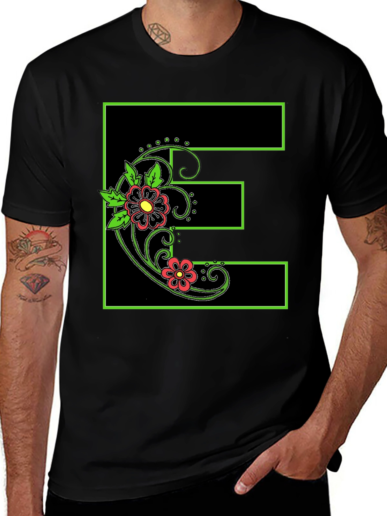 Floral E Black Tee - Stylish Initial Shirt