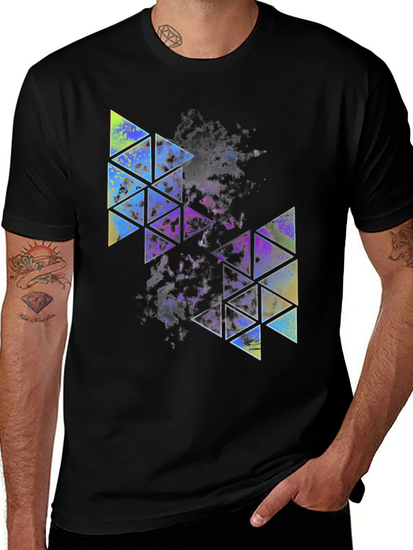 Variant 8 of Abstract Geometric Triangle Print Men's Black Tee