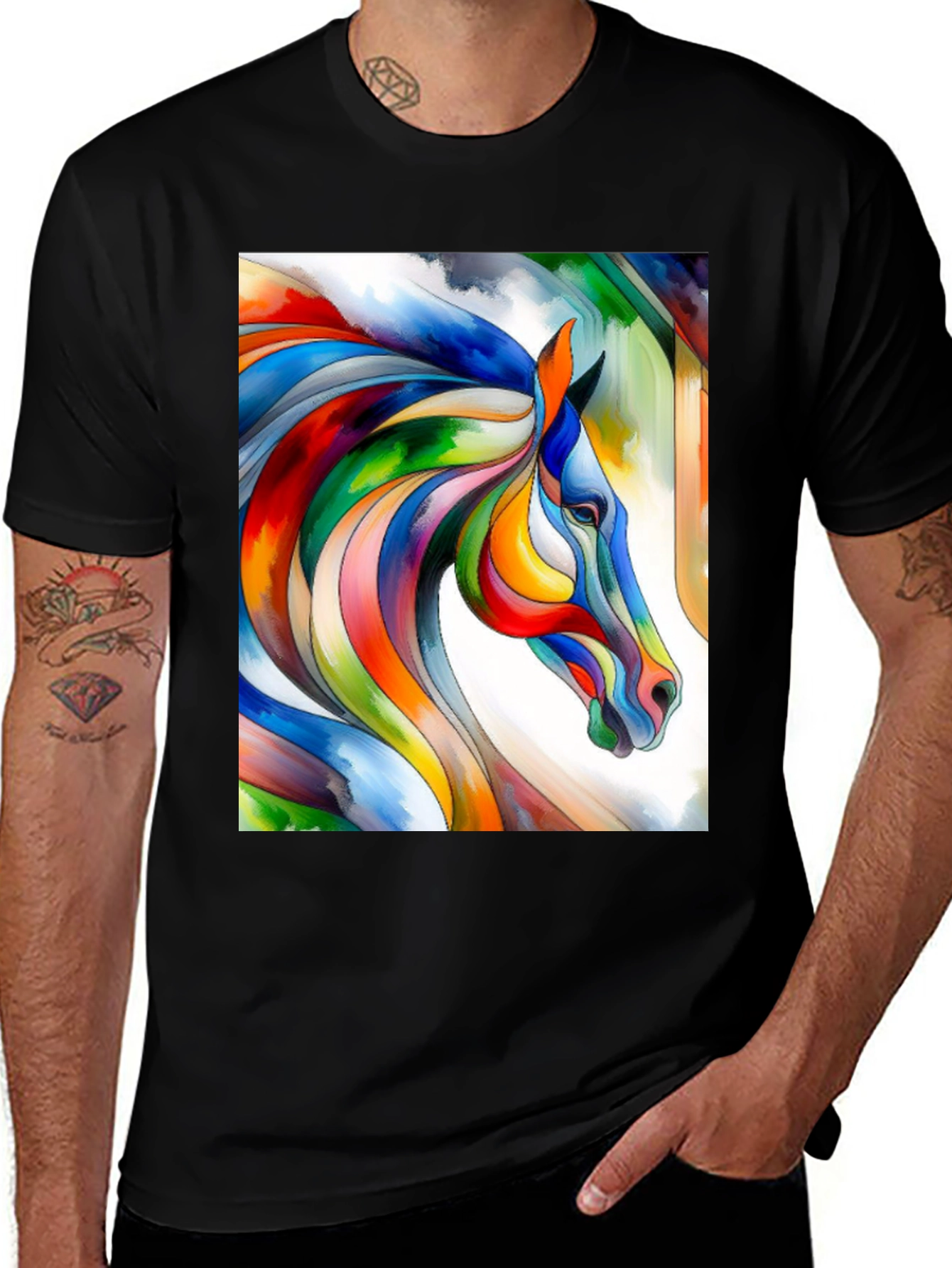 Variant 10 of Colorful Horse Graphic Black T-Shirt