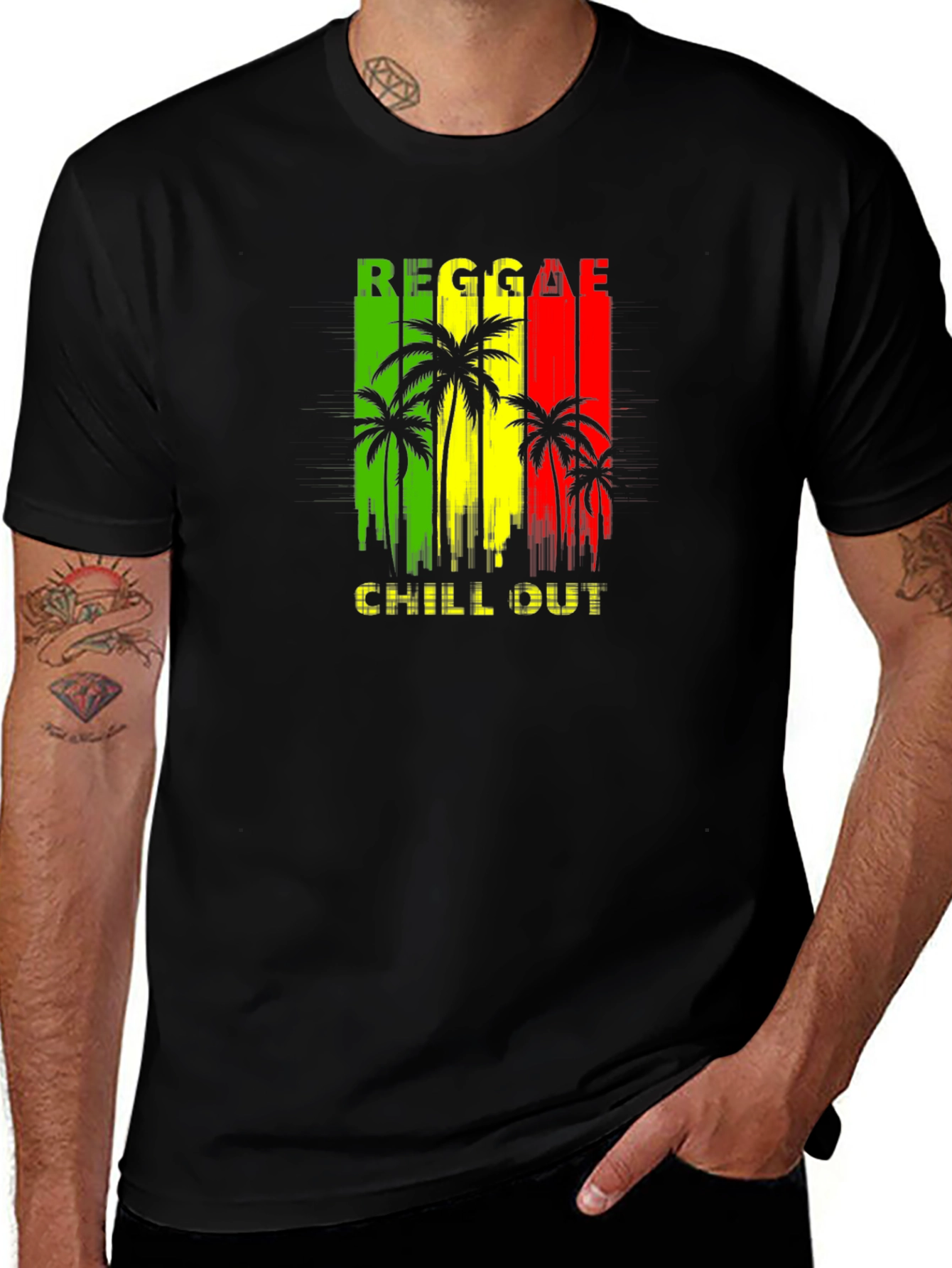 Variant 22 of Reggae Chill Out Black T-Shirt with Palm Tree Design