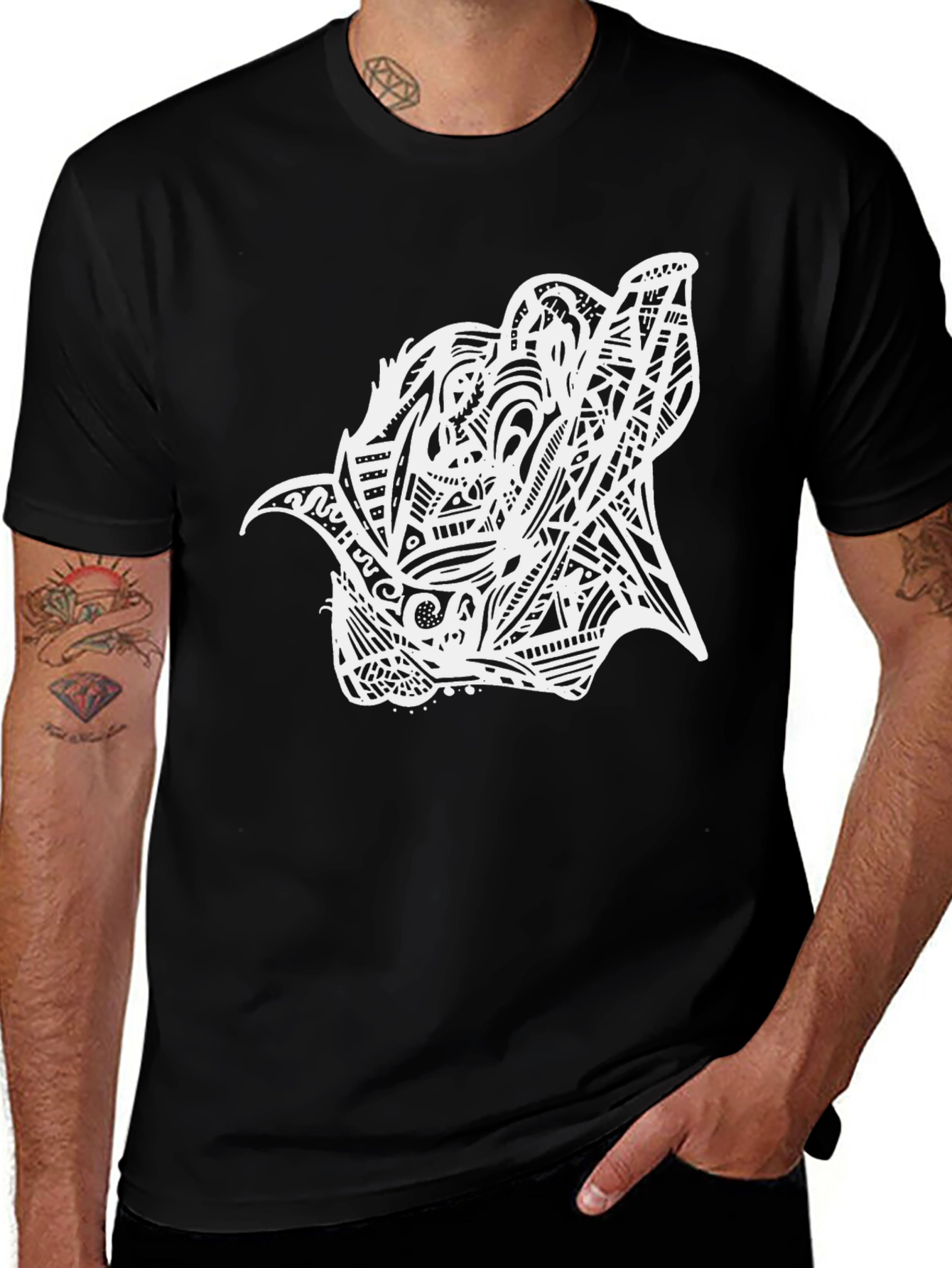Black Abstract Wolf Graphic Print Black T-Shirt main image