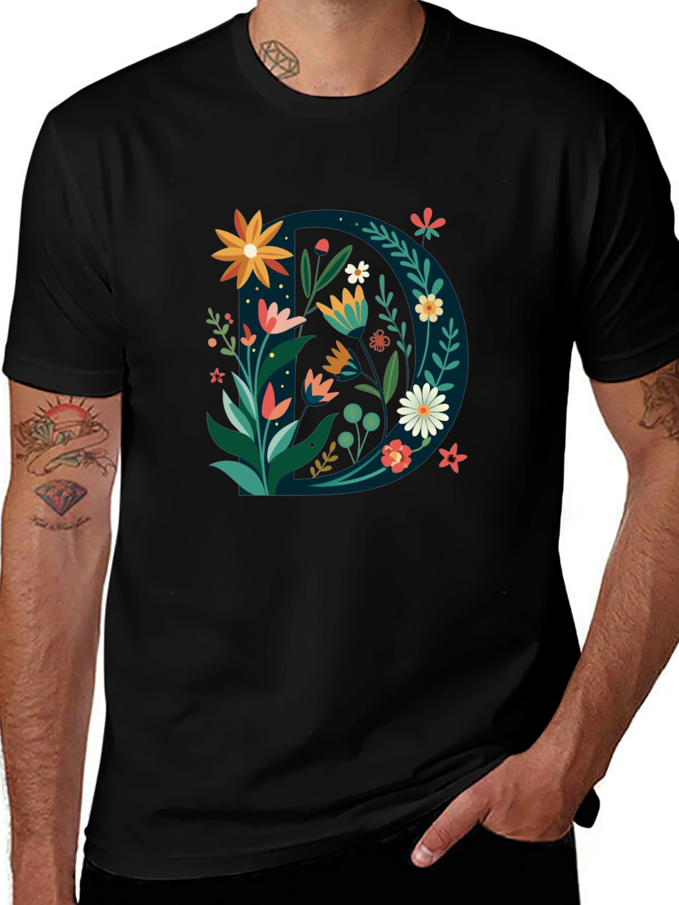Variant 5 of Floral Letter D Black T-Shirt