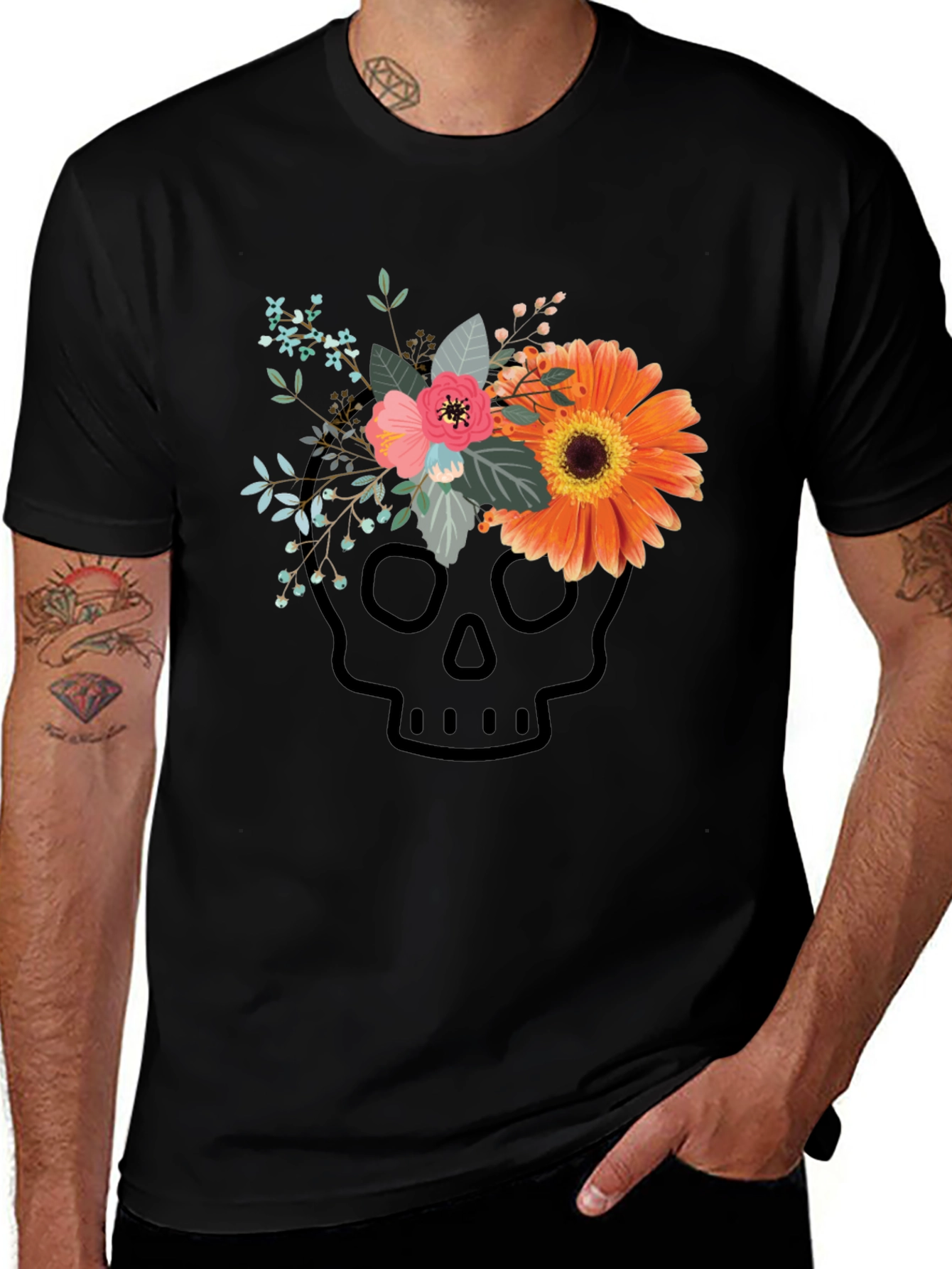 Variant 19 of Floral Skull Graphic Print Tee