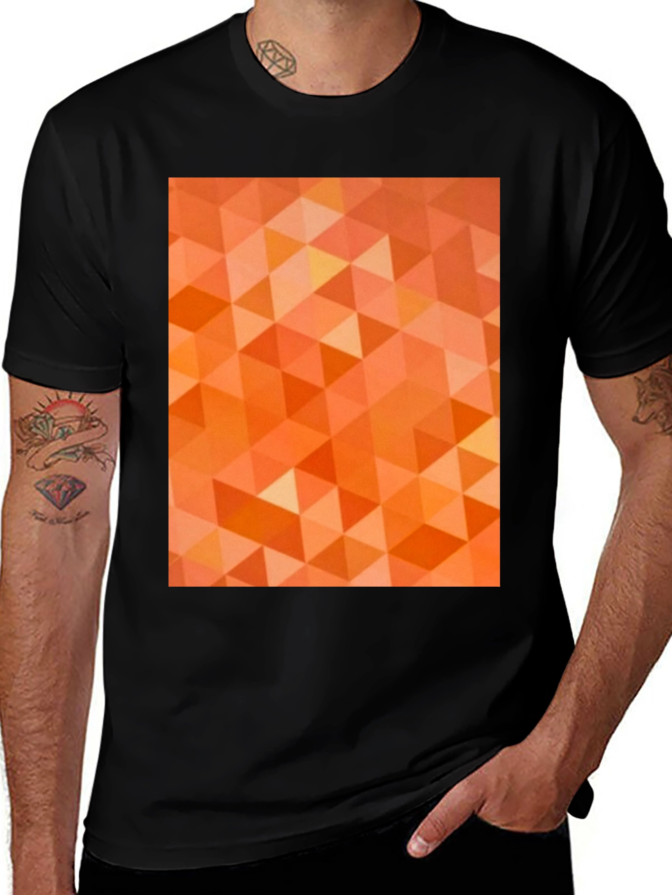 Geometric Orange Triangle Pattern Black T-Shirt