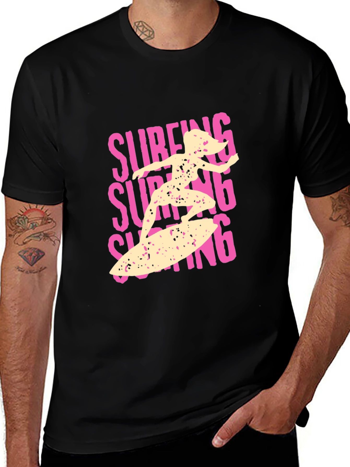 Surfing Girl Graphic Tee - Black Cotton Casual T-Shirt