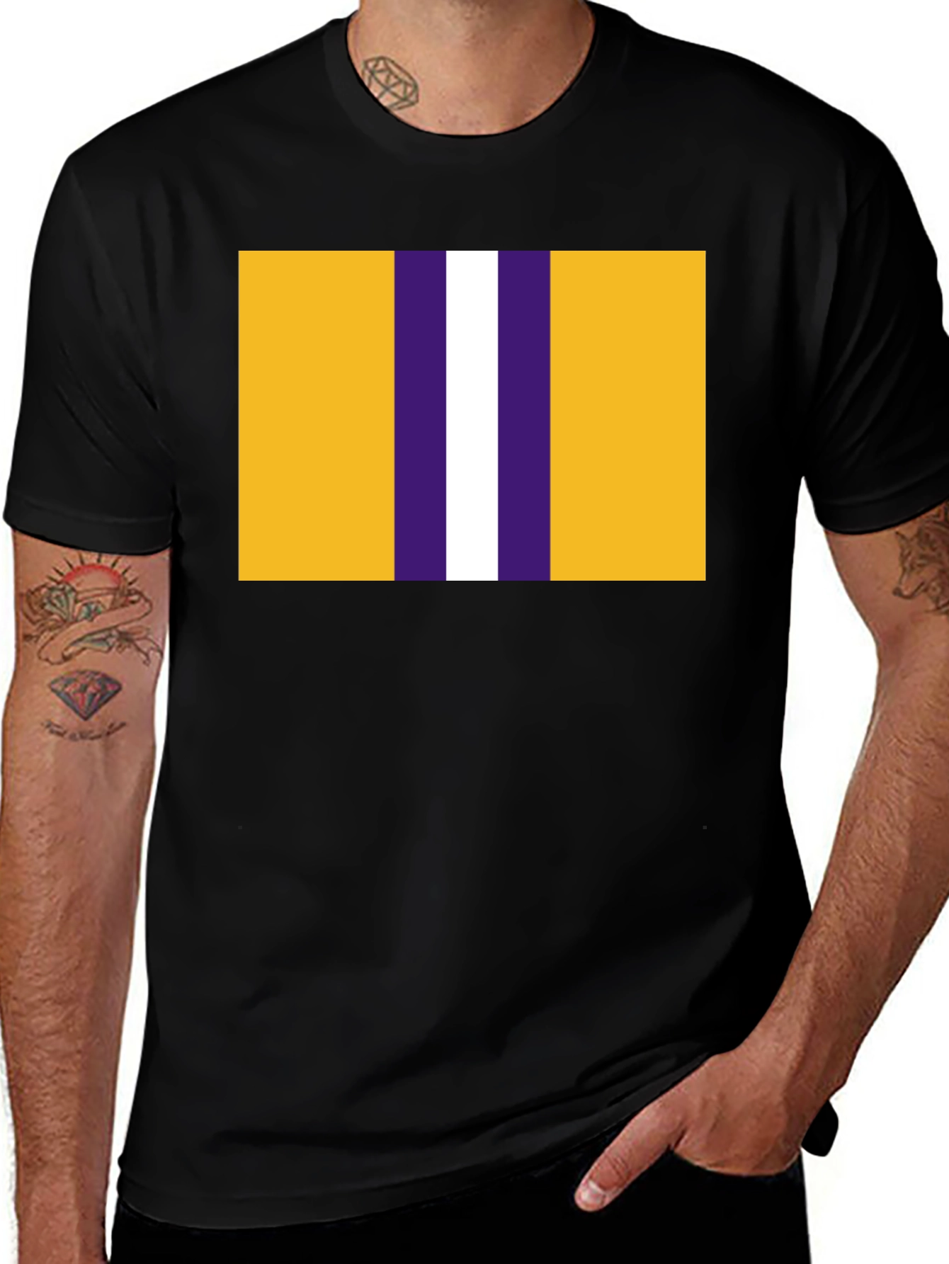 Variant 13 of Striped Graphic T-Shirt - Gold, Purple, and White Design