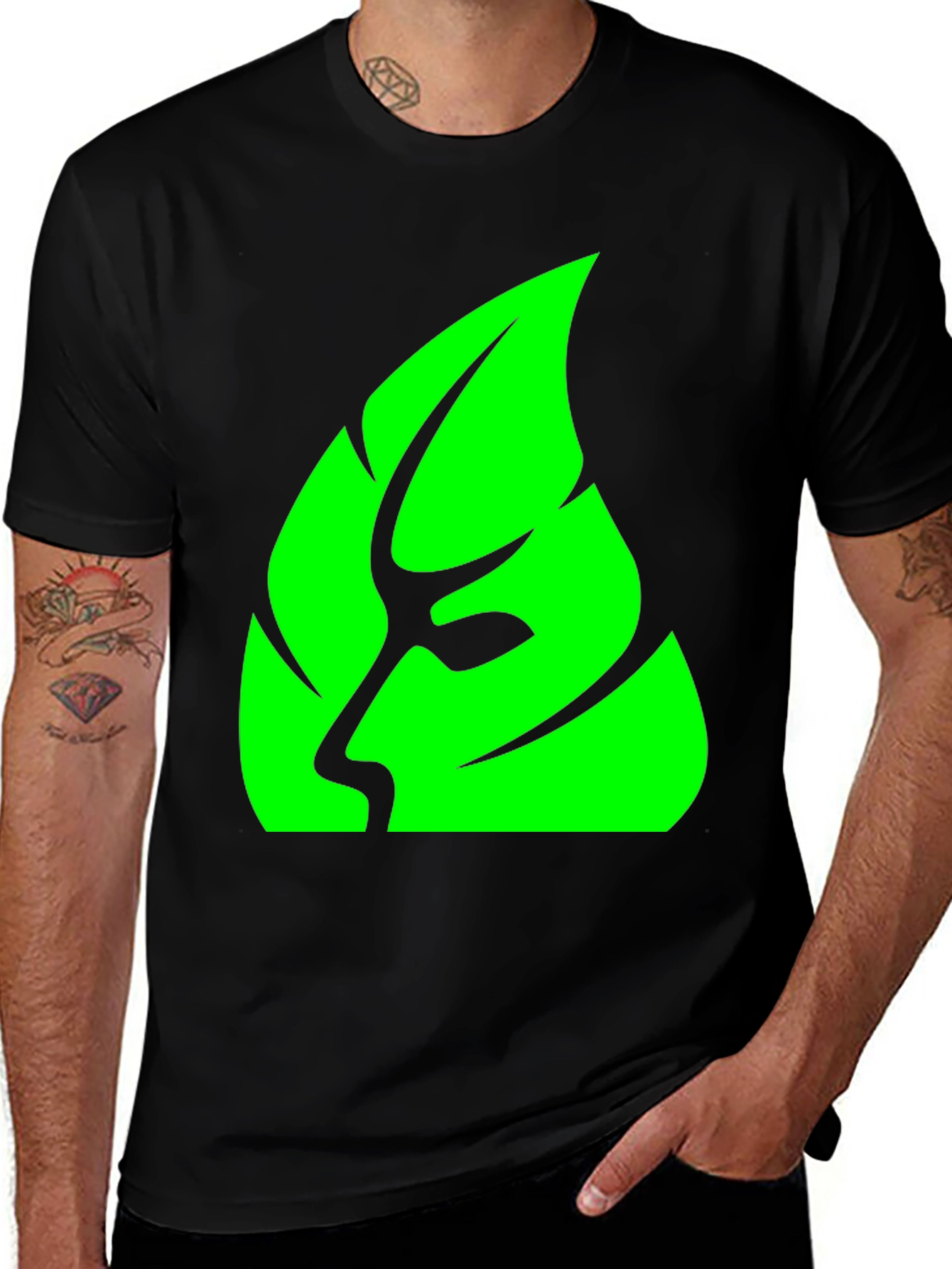 Variant 7 of Green Leaf Man Graphic Black T-Shirt