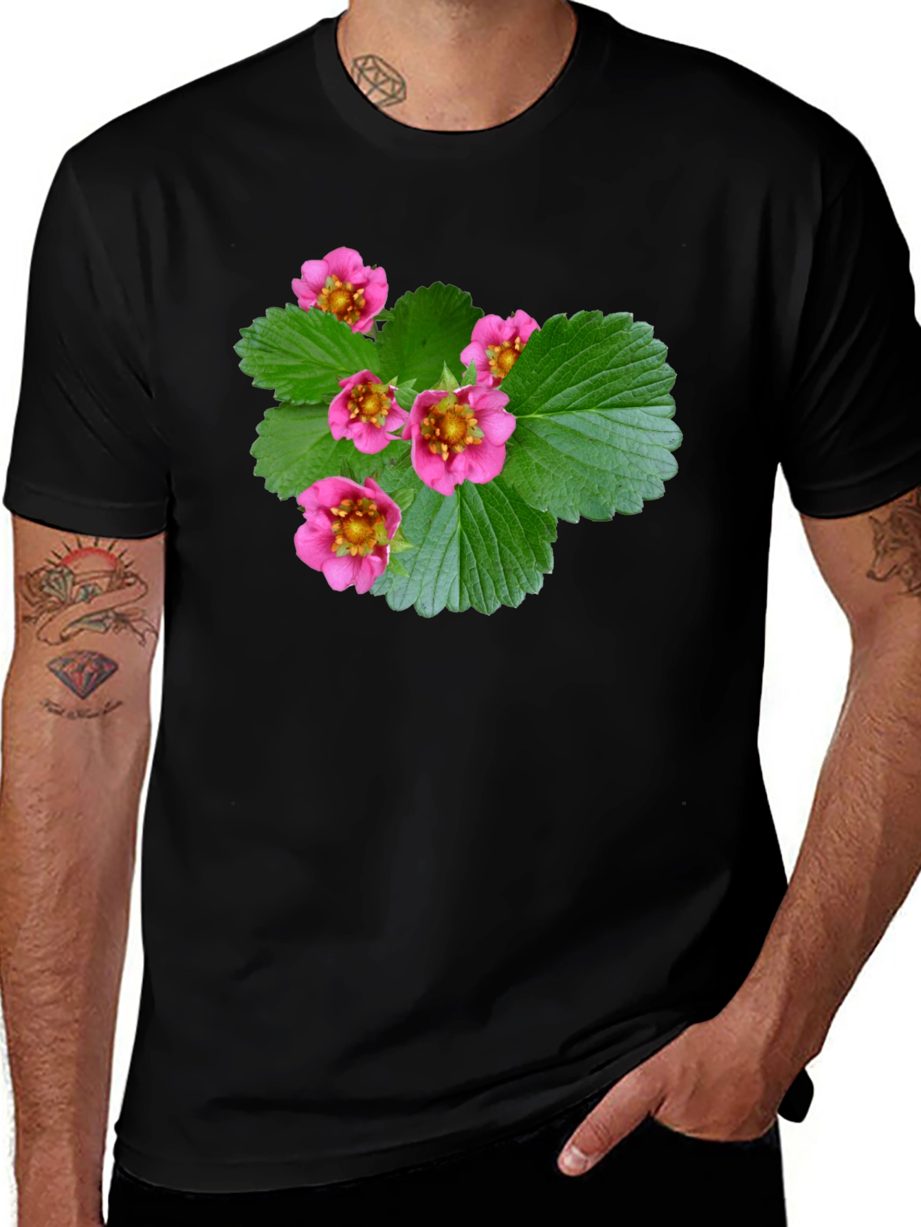 Variant 21 of Floral Print Black T-Shirt - Nature Inspired Design