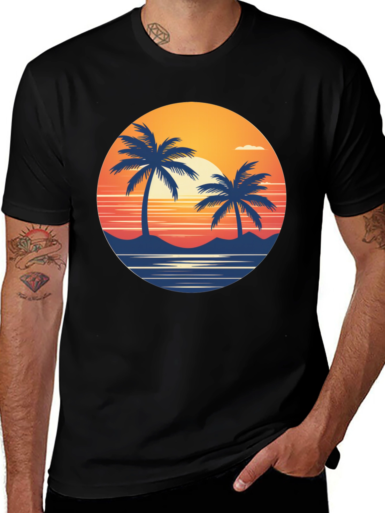 Variant 24 of Sunset Palm Tree Graphic Tee - Black Cotton T-Shirt