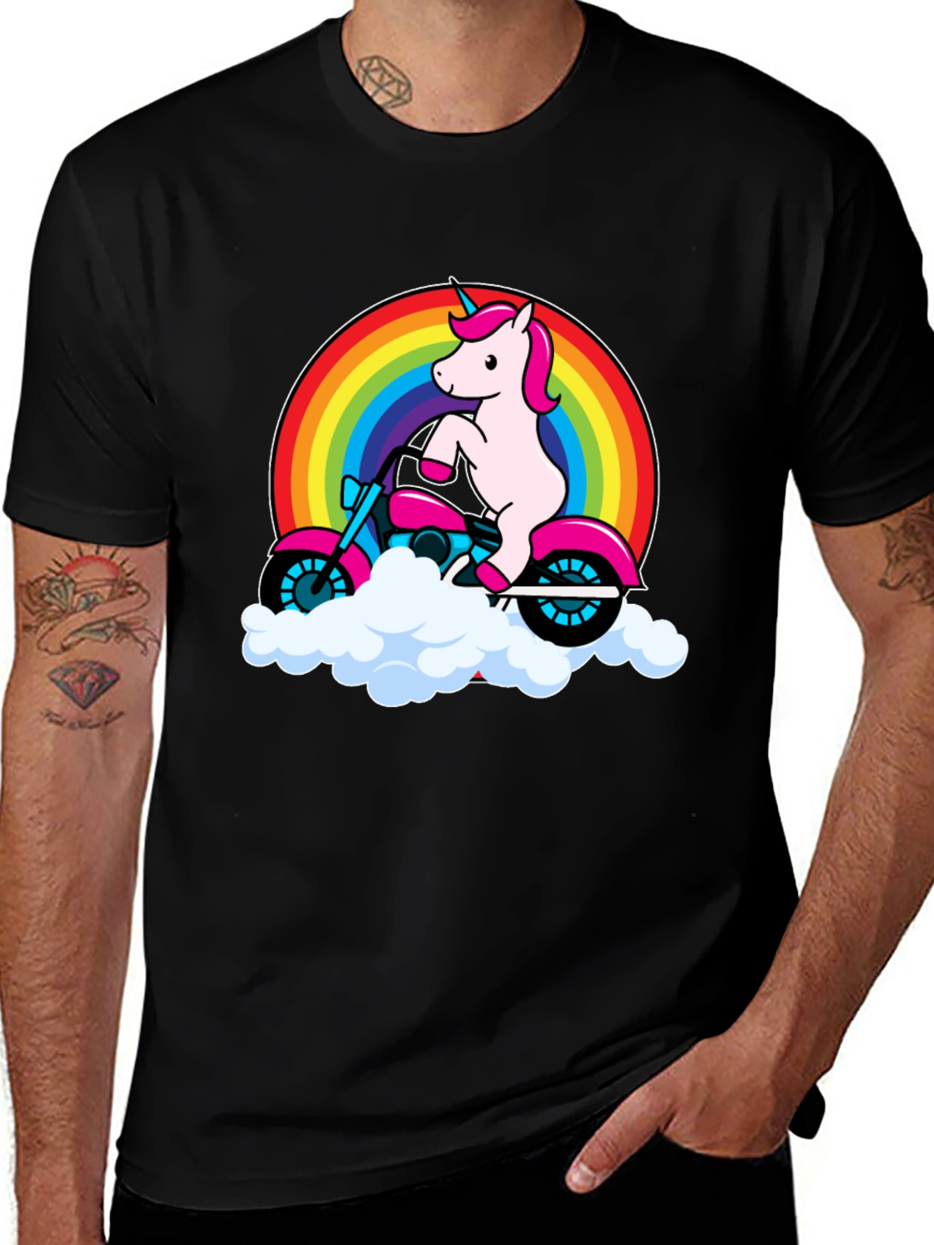 Variant 14 of Unicorn on Motorcycle Rainbow Graphic Tee