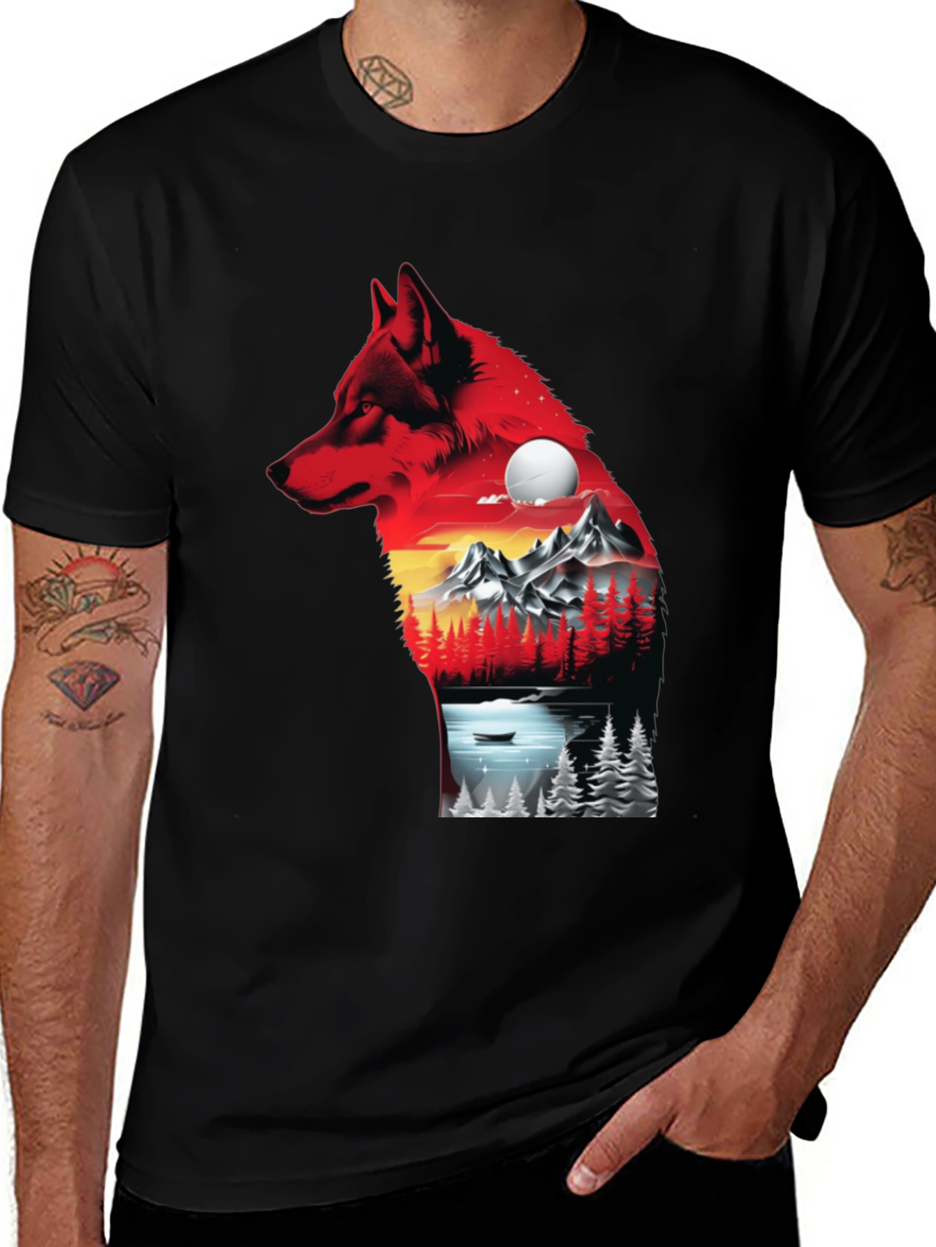 Variant 28 of Wolf Landscape Graphic T-Shirt - Black