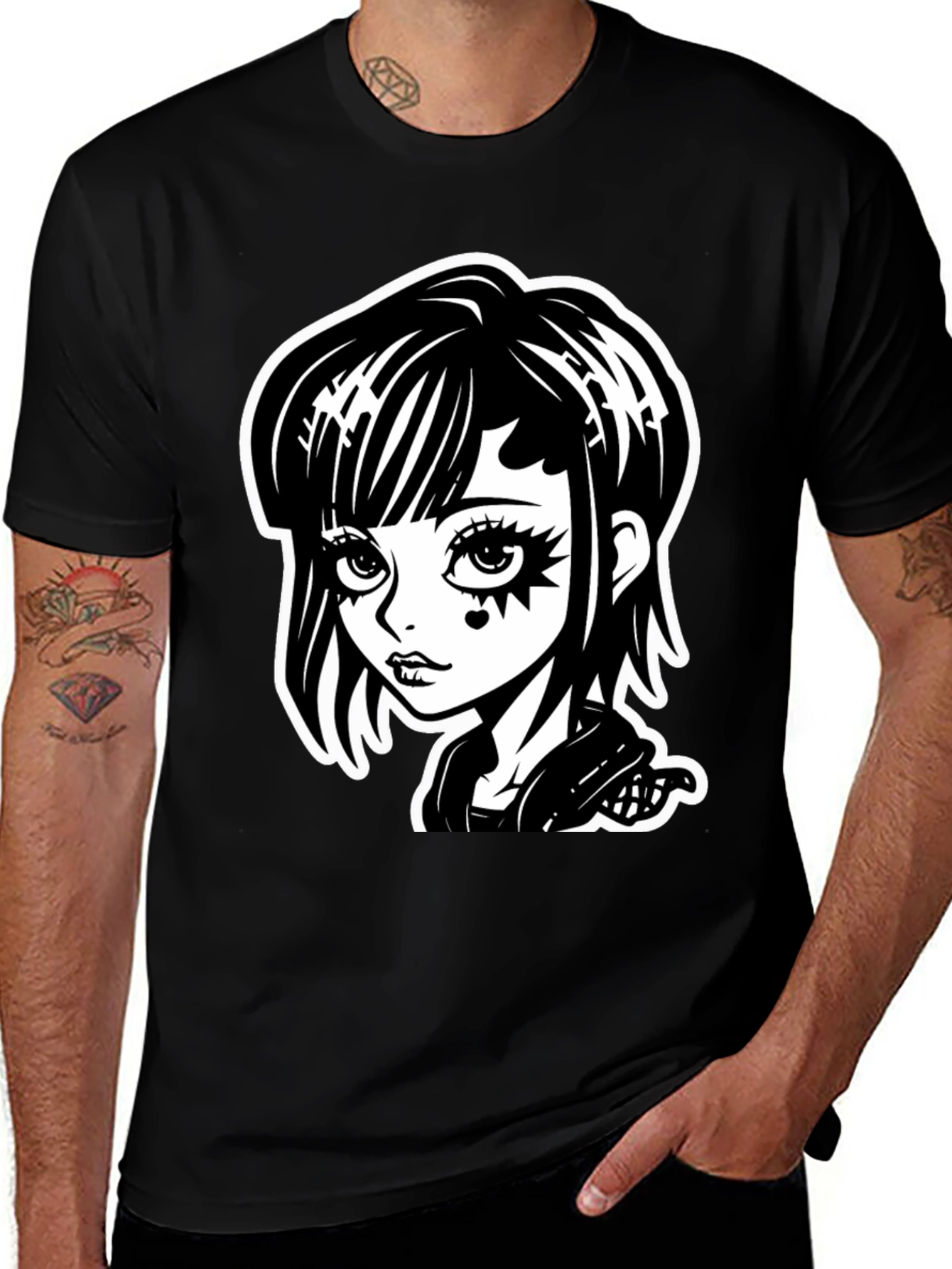 Variant 27 of Gothic Girl Black T-Shirt - Cartoon Illustration