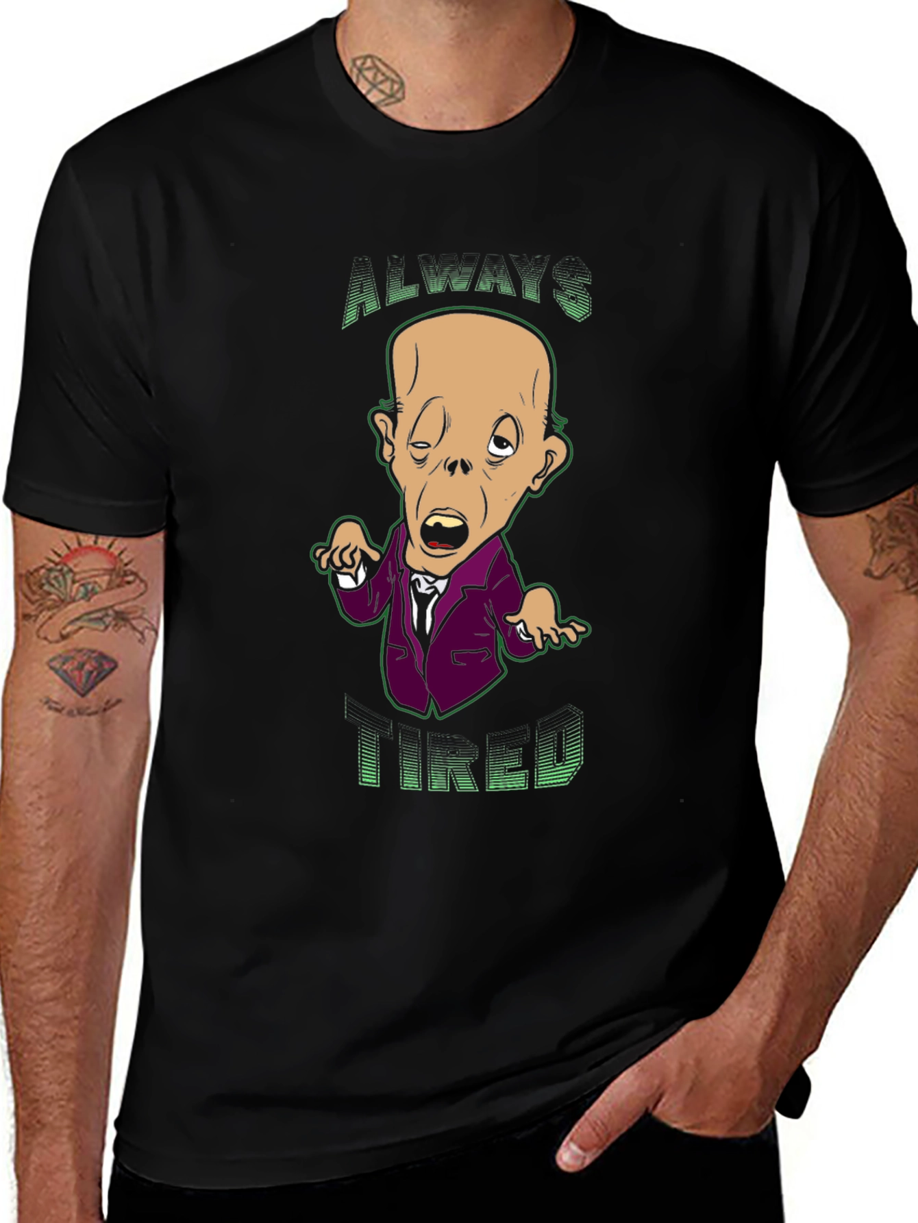 Variant 11 of Always Tired Cartoon Graphic Black T-Shirt