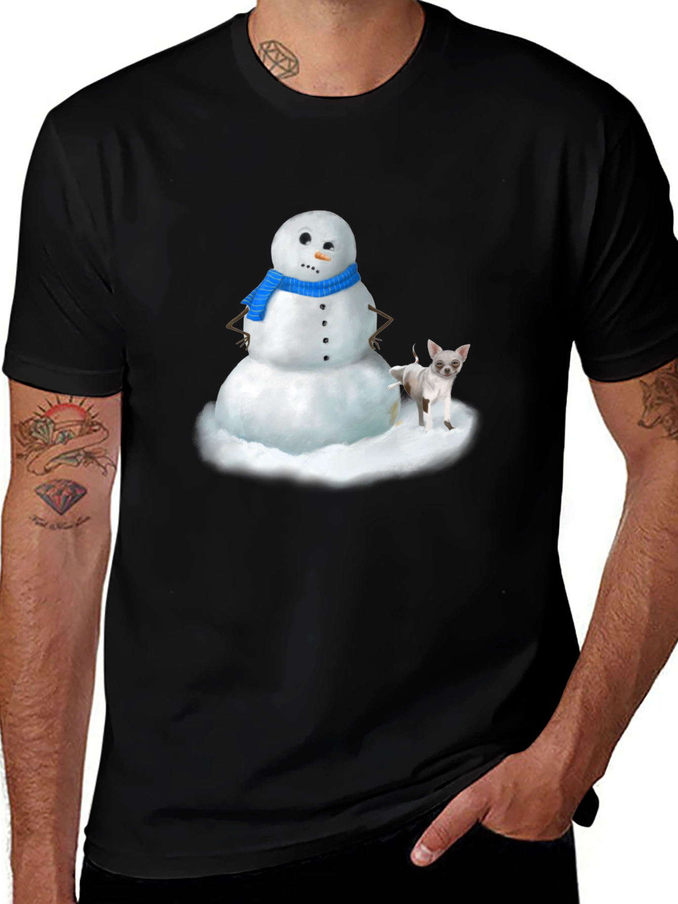 Variant 14 of Snowman & Chihuahua Graphic T-Shirt - Black