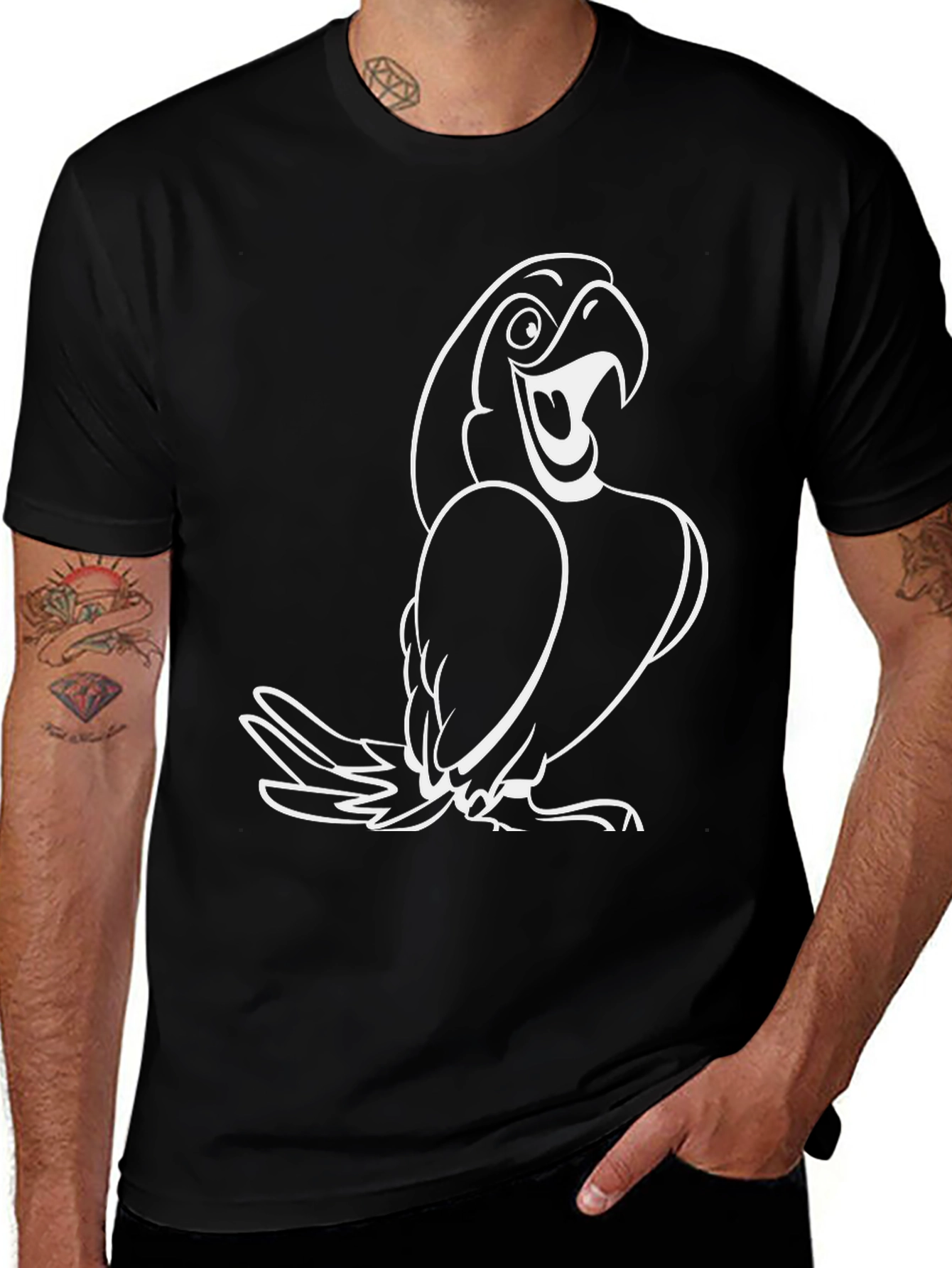Variant 15 of Black T-Shirt with White Cartoon Parrot Graphic