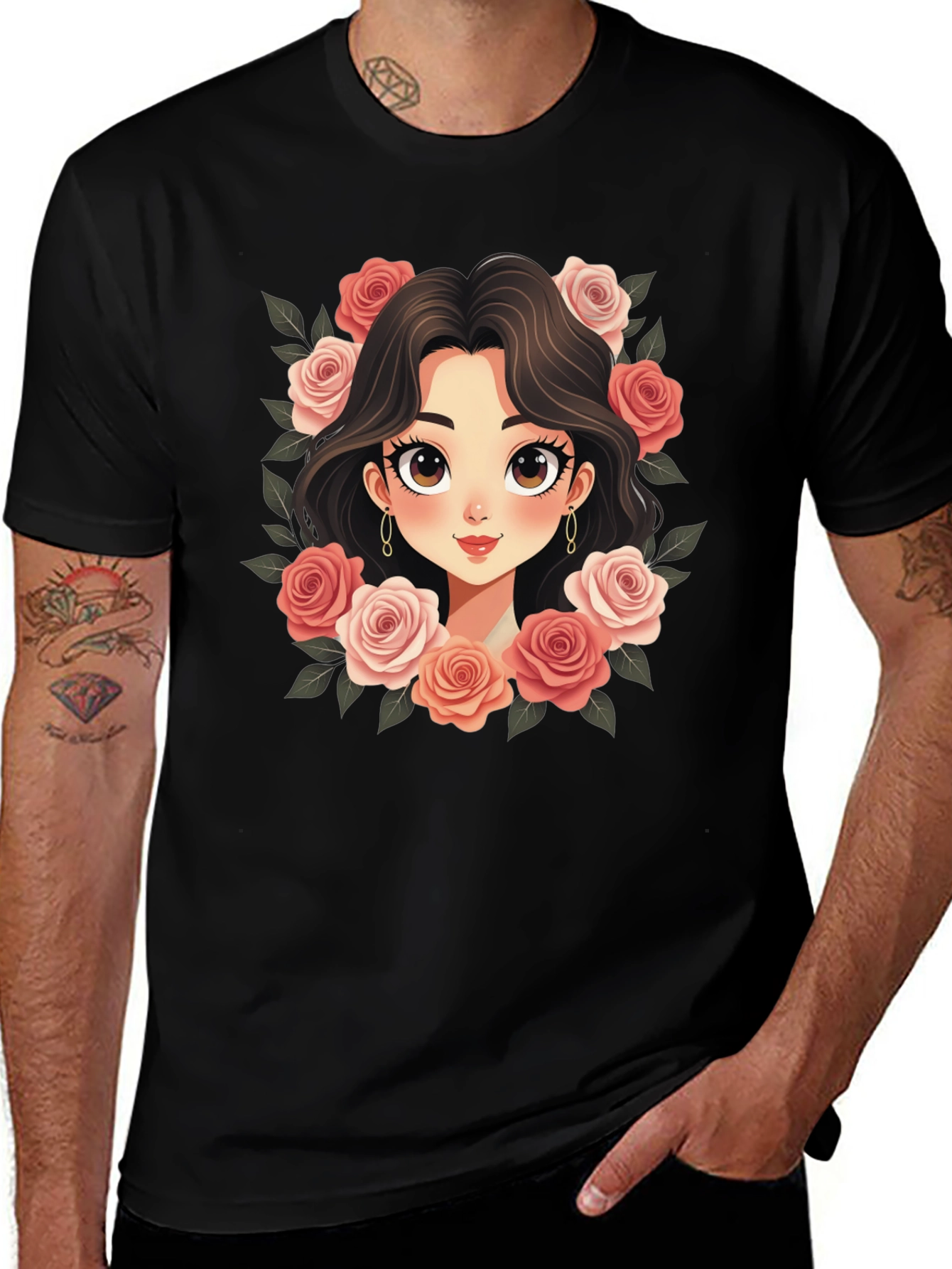 Floral Girl Graphic Black T-Shirt