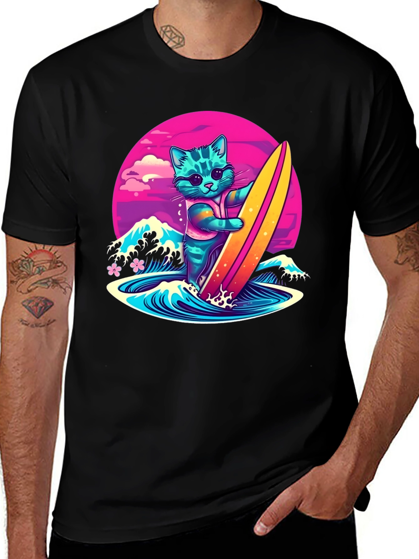 Surfing Cat Graphic T-Shirt - Cool Neon Design