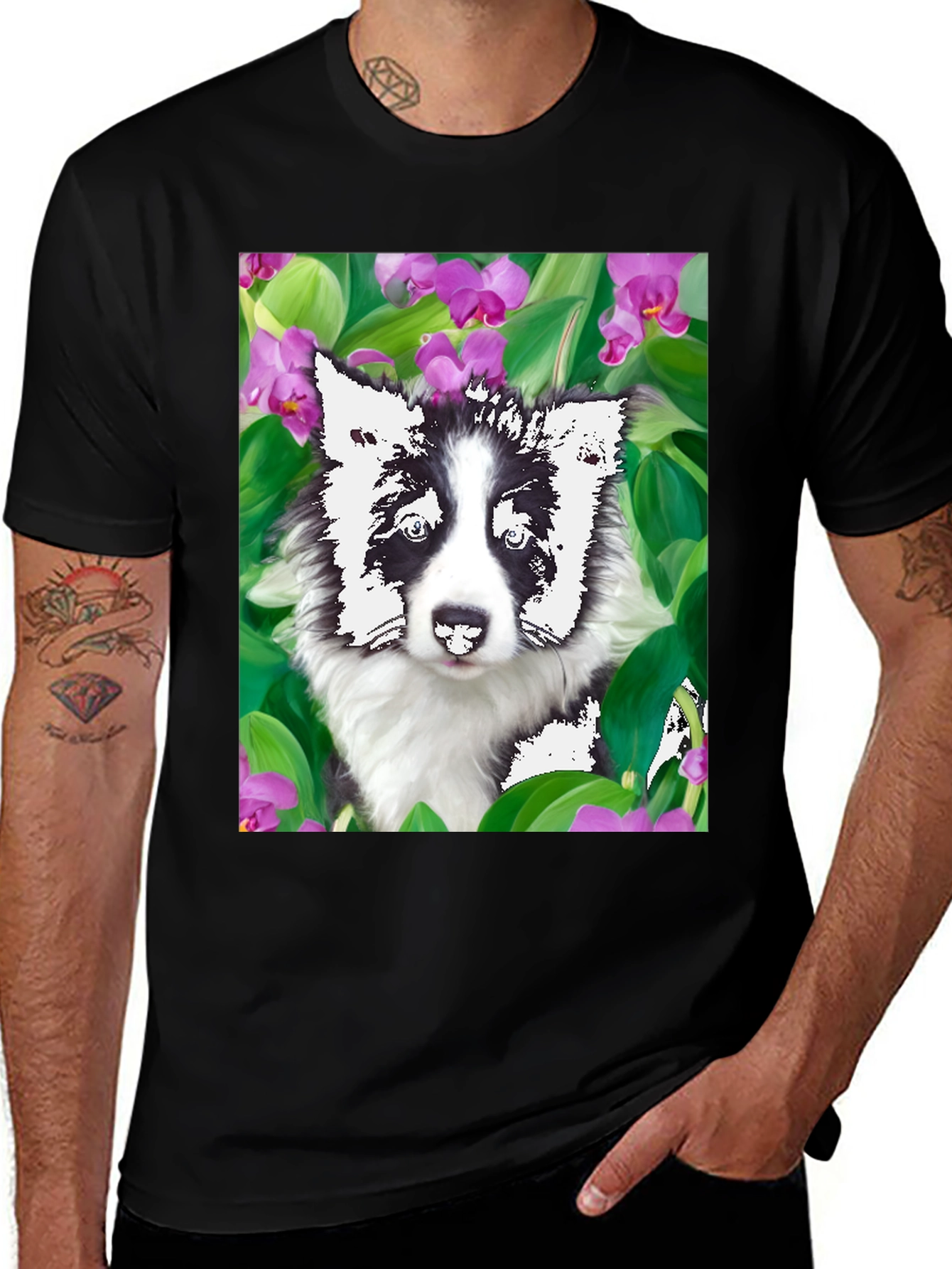 Variant 6 of Dog & Flower Graphic Tee - Black T-Shirt