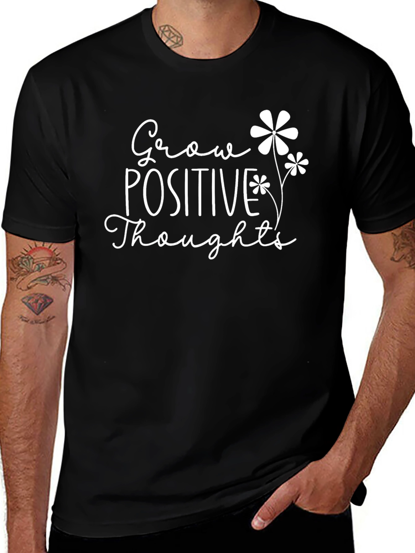 Variant 29 of Grow Positive Thoughts Graphic Tee - Black Cotton T-Shirt