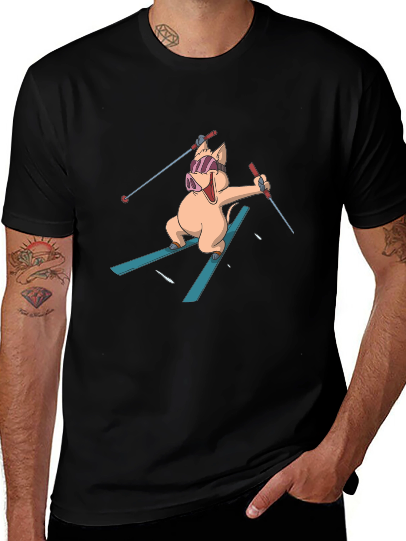 Variant 12 of Skiing Pig Graphic Tee - Black Cotton T-Shirt
