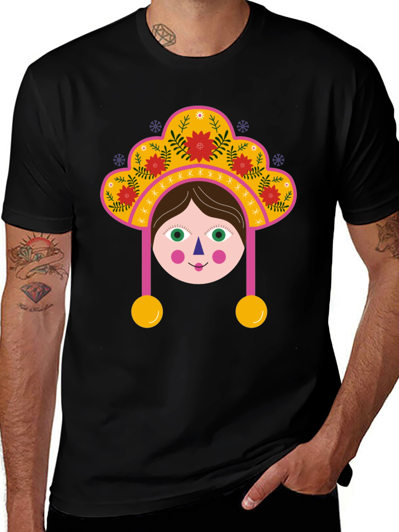 Variant 14 of Whimsical Folk Art Girl Graphic Tee - Black