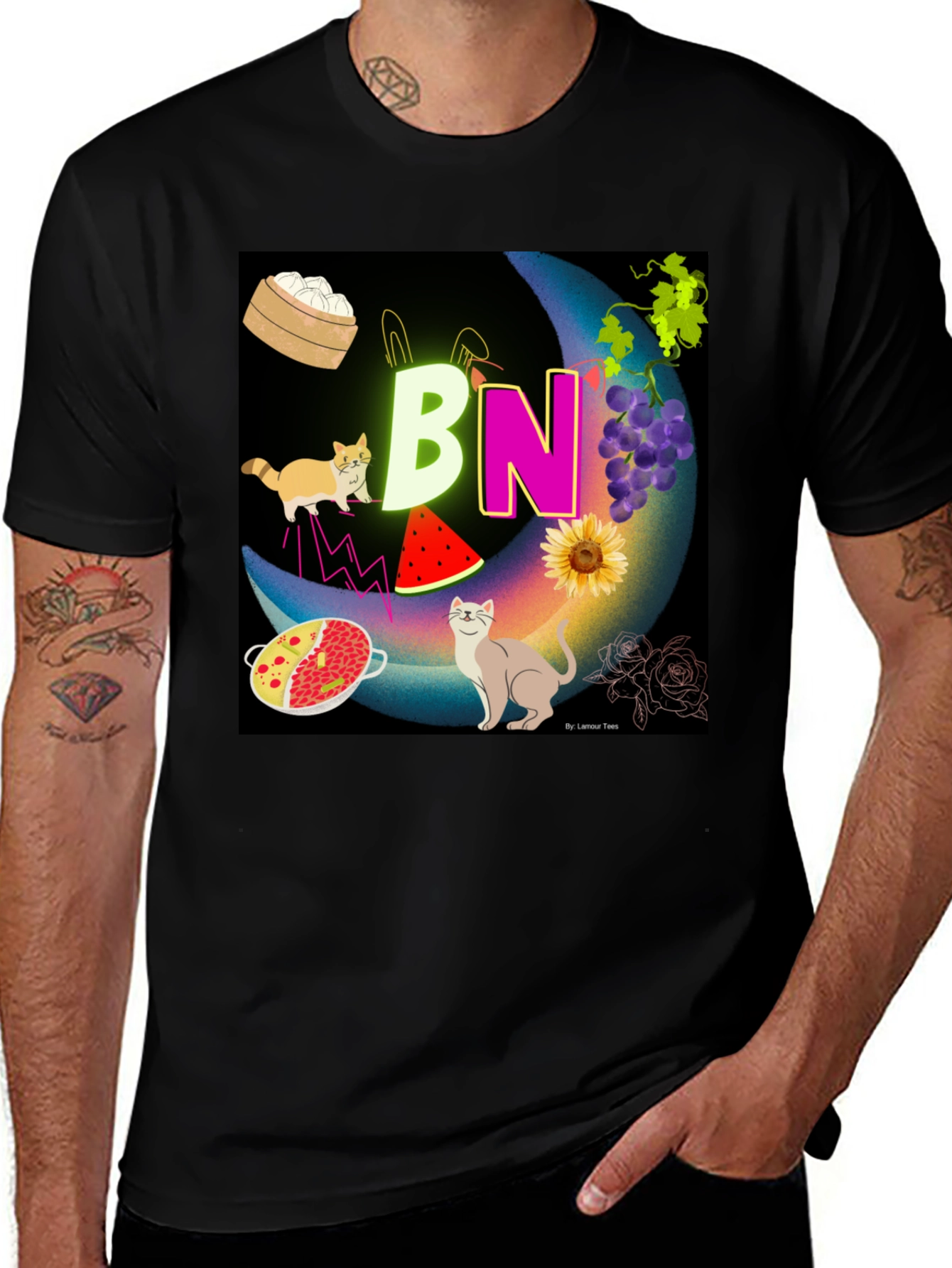 Variant 25 of Novelty Graphic T-Shirt: "BN" Moon with Cats and Food
