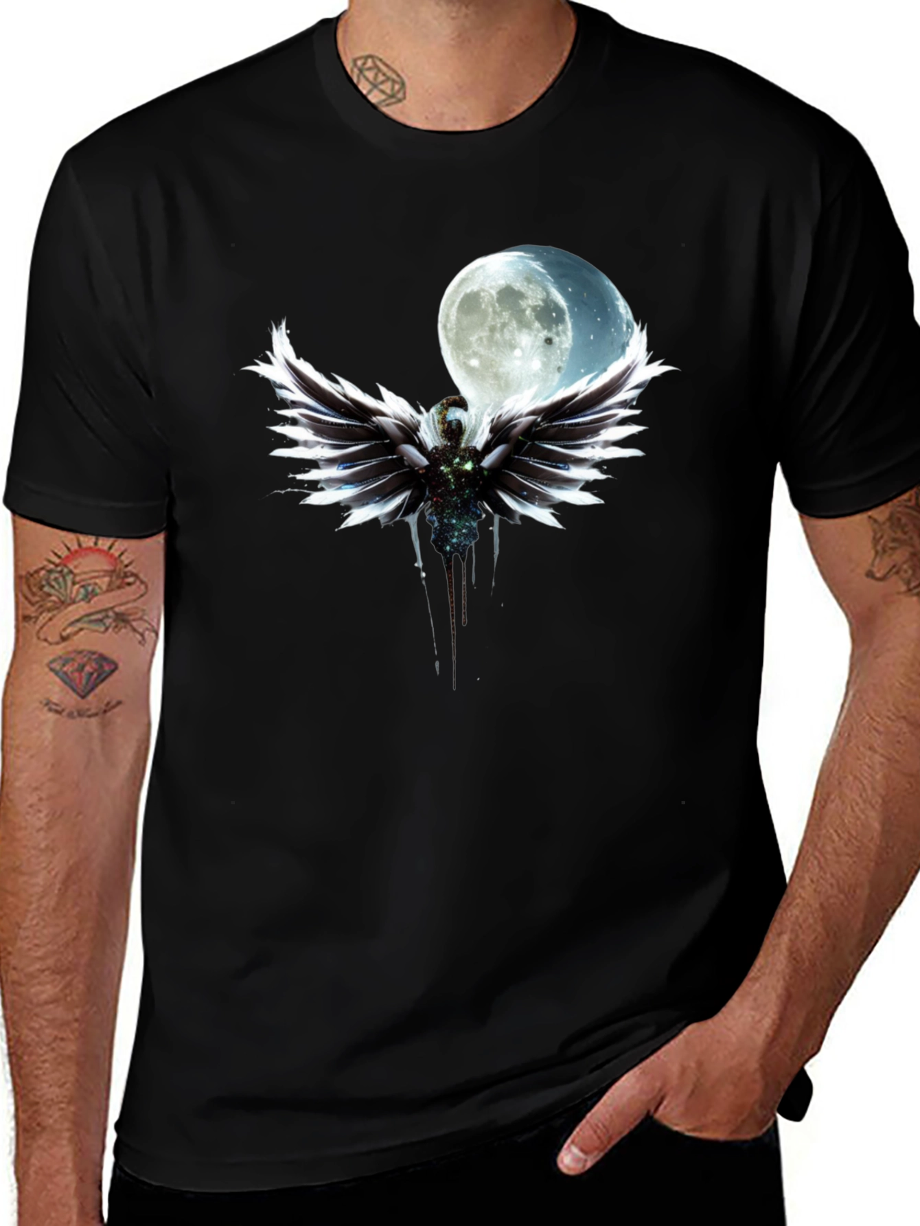 Variant 14 of Moonlit Angel Wings Graphic Black T-Shirt