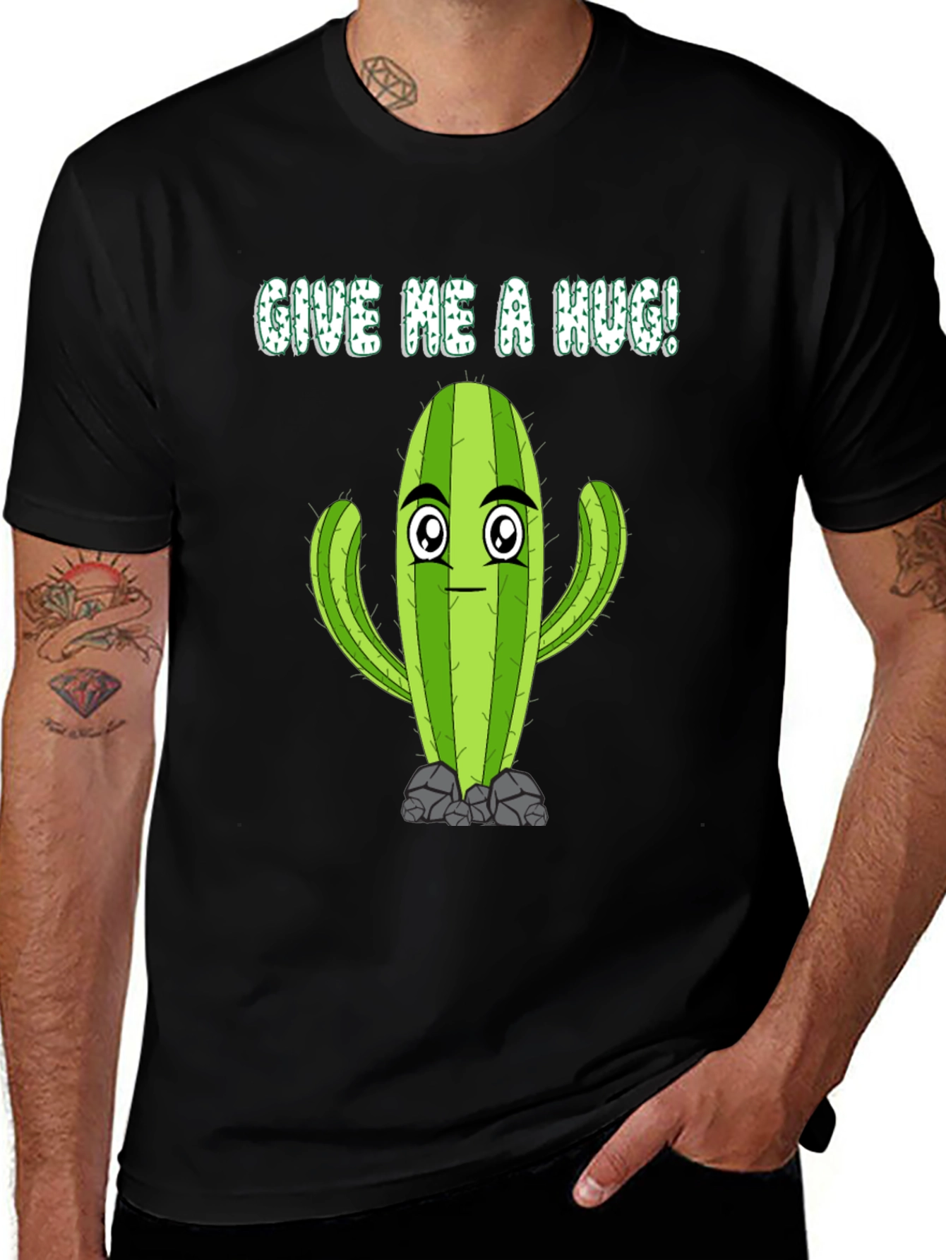 Variant 2 of Give Me a Hug Cactus Graphic Tee - Soft Black Cotton