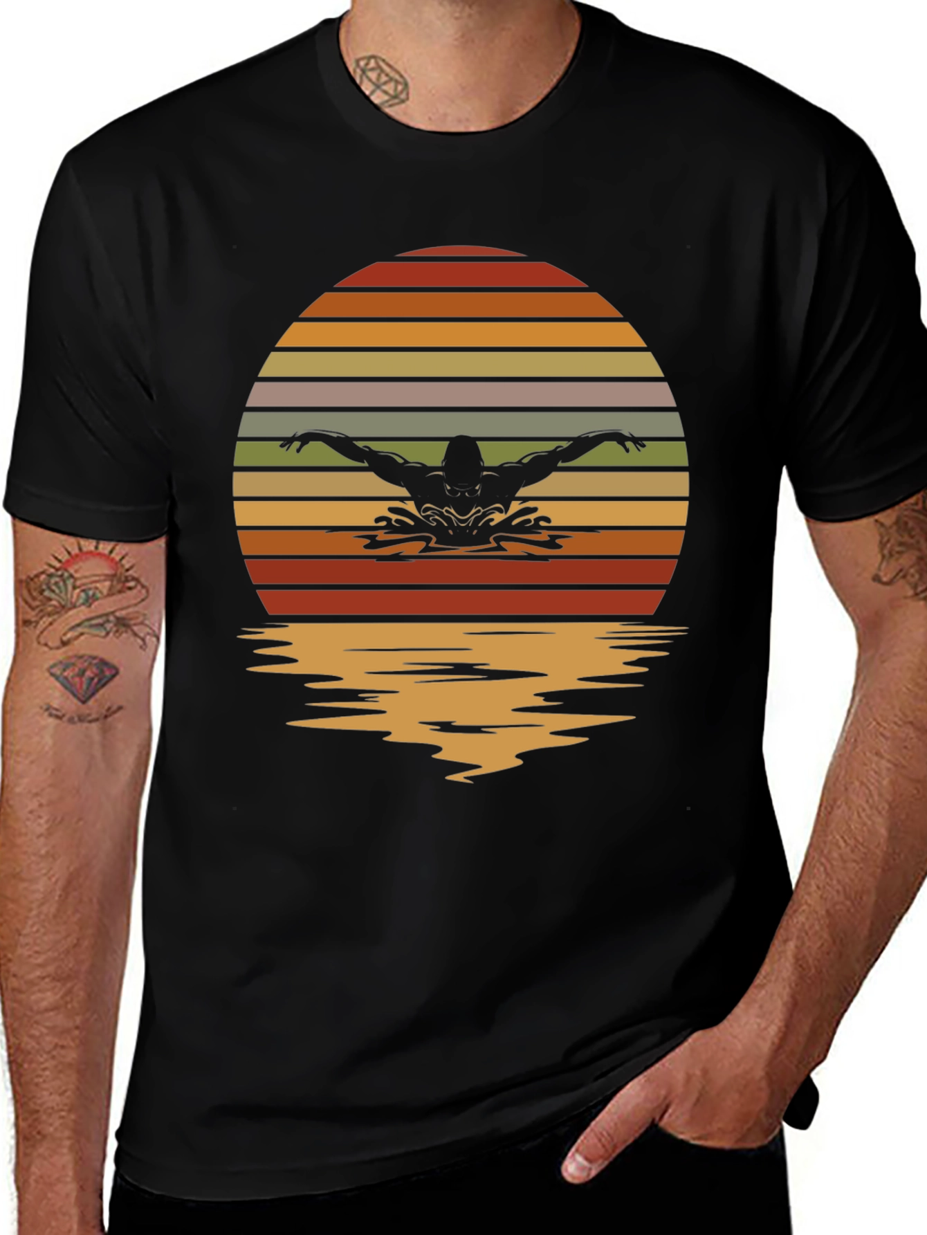 Variant 9 of Retro Swimmer Sunset Graphic Tee - Black