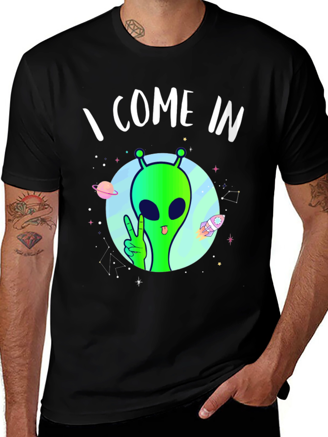 Variant 6 of Alien Peace Sign Graphic T-Shirt - Black