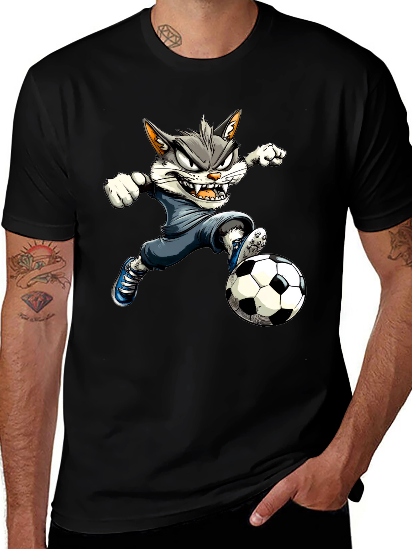 Variant 25 of Cartoon Cat Soccer T-Shirt - Black Graphic Tee