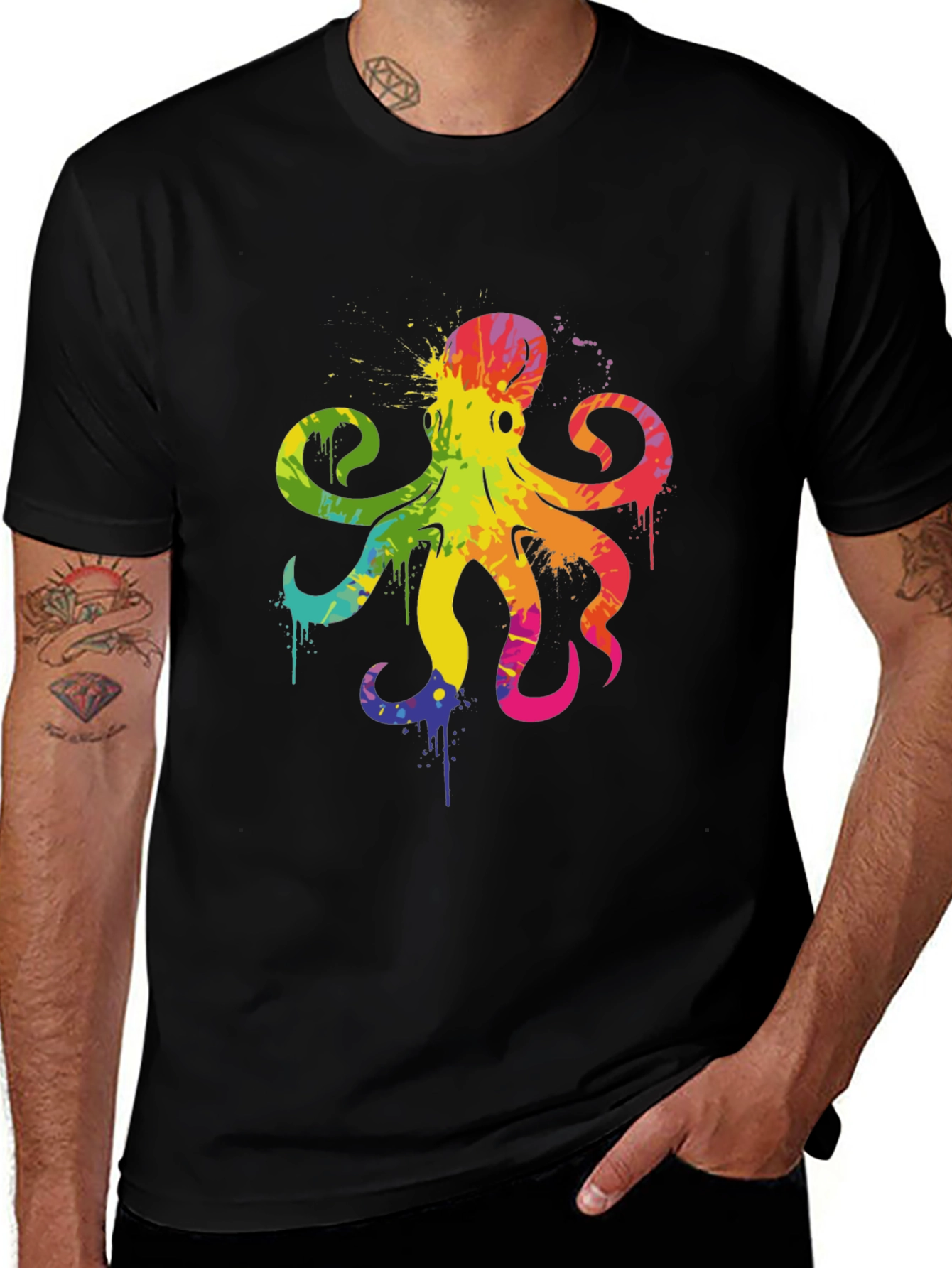 Black Rainbow Octopus Graphic T-Shirt - Men's Black Tee main image